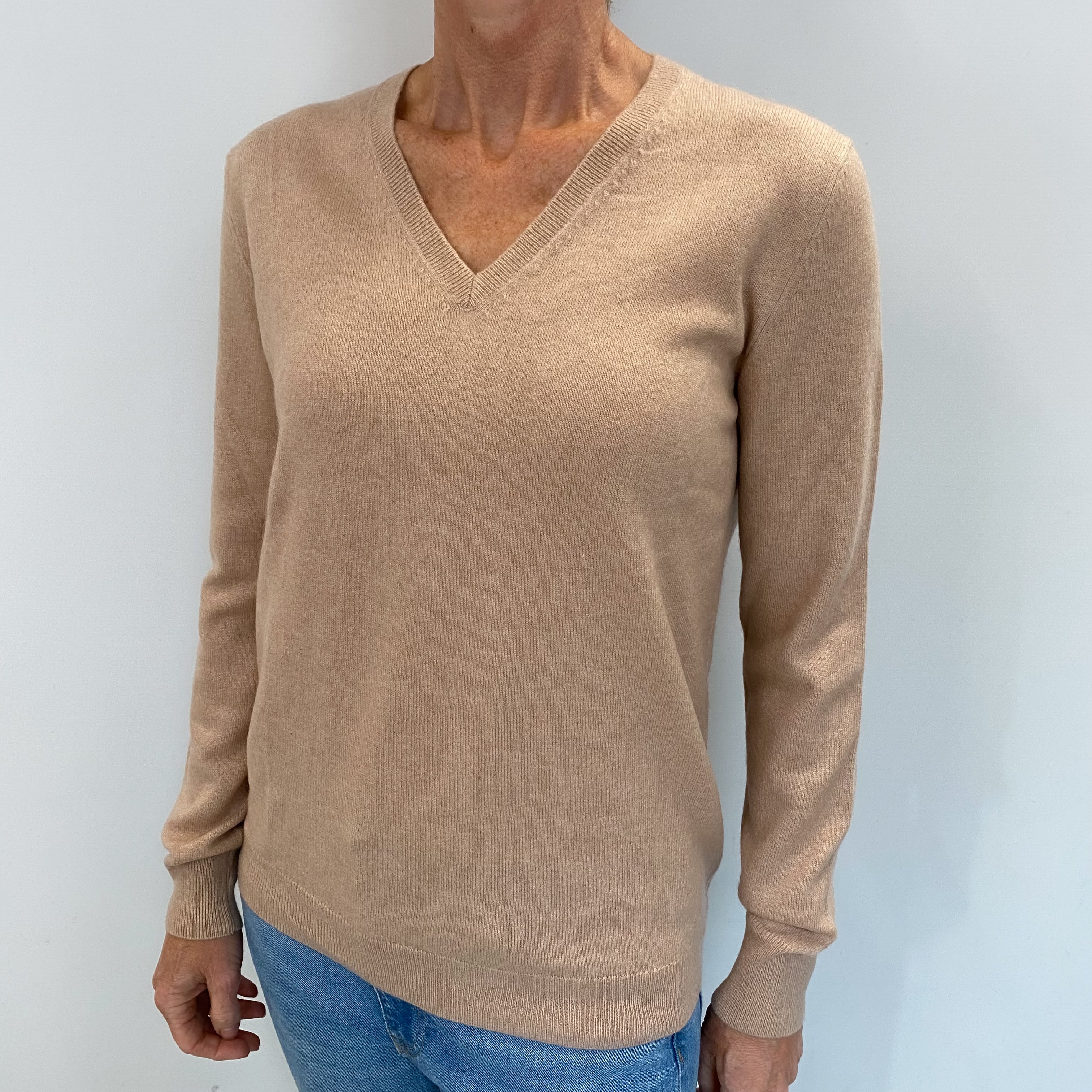 Buff Brown Cashmere V Neck Jumper Small