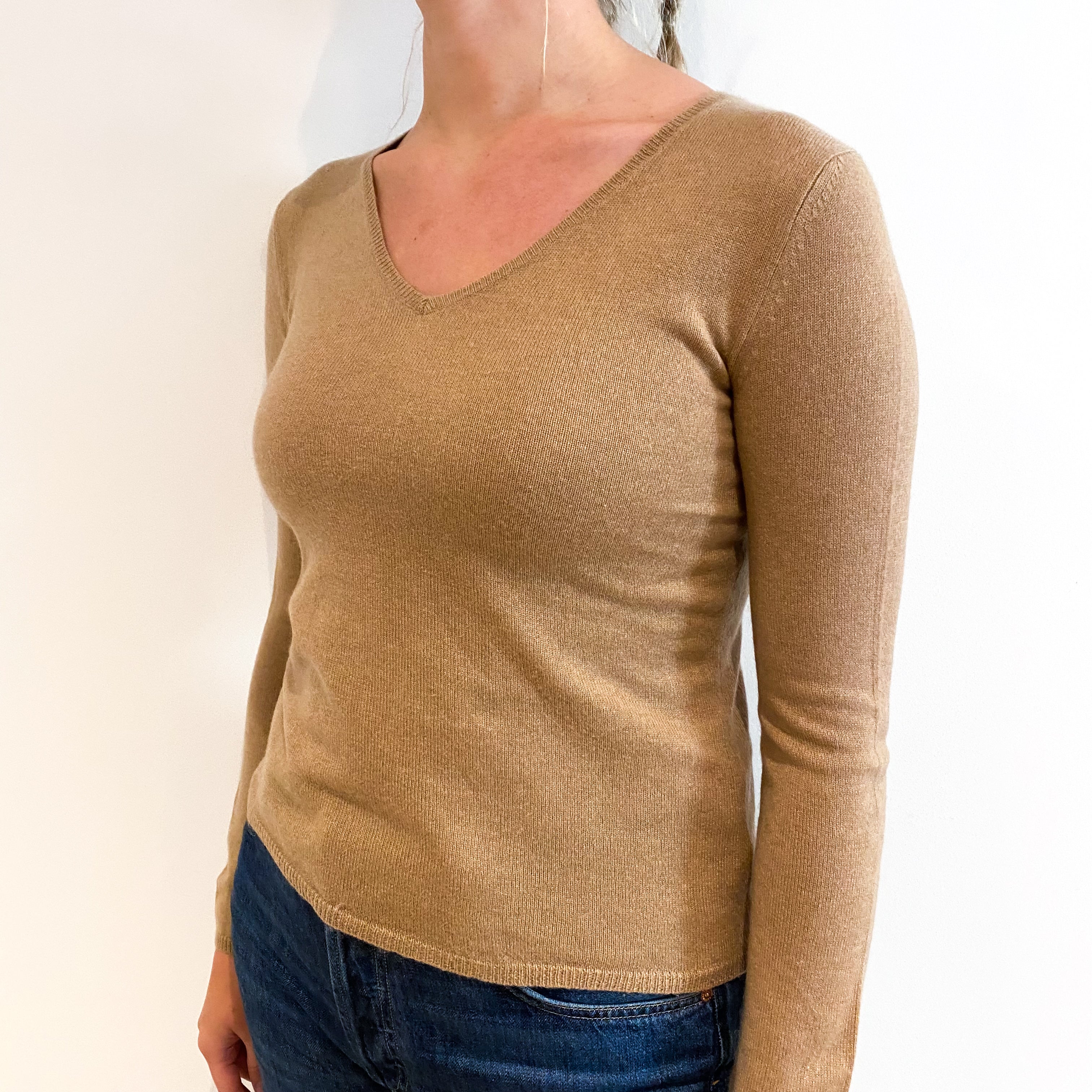 Camel Brown Cashmere V-Neck Jumper Small