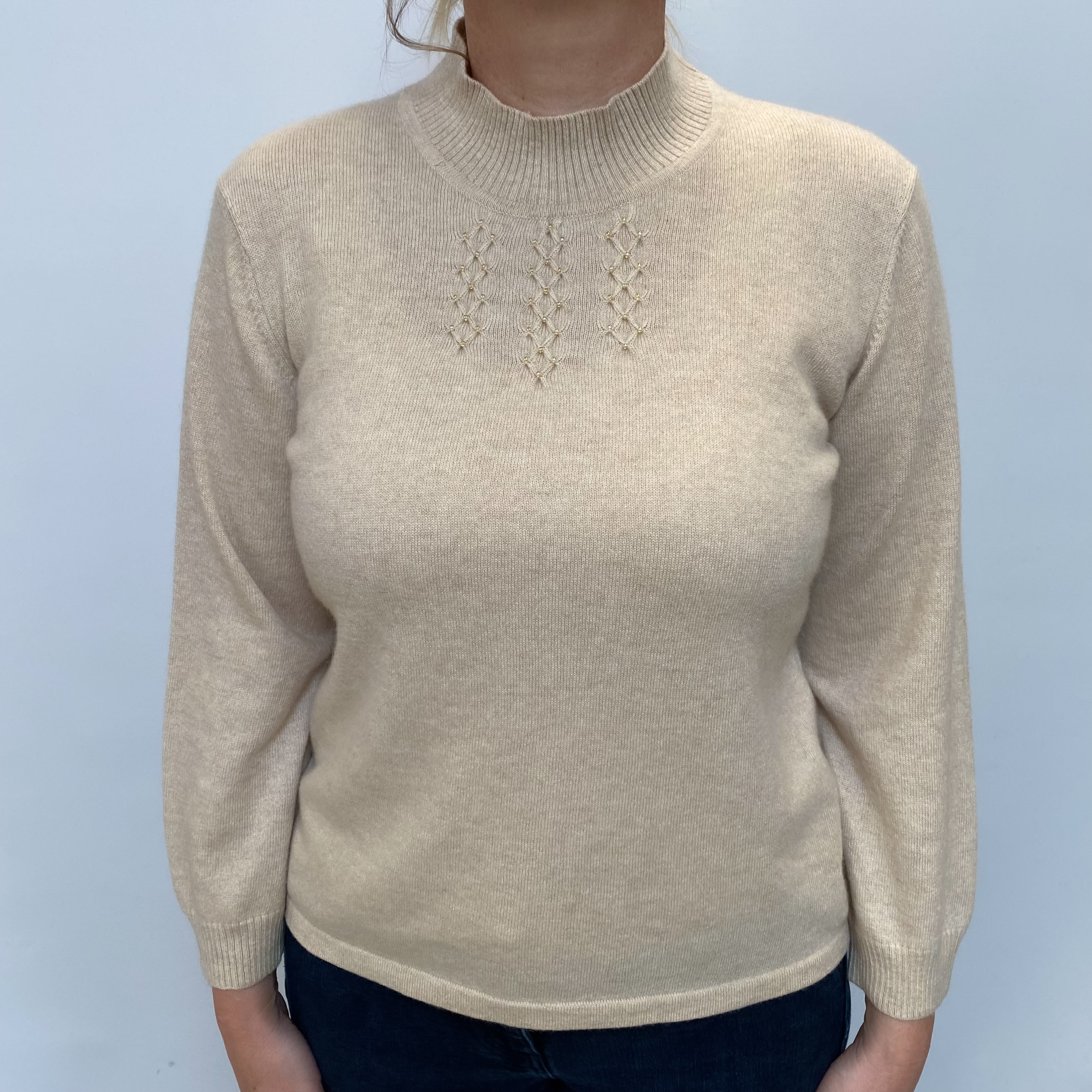 Beige Cashmere Embellished Turtle Neck Jumper Large