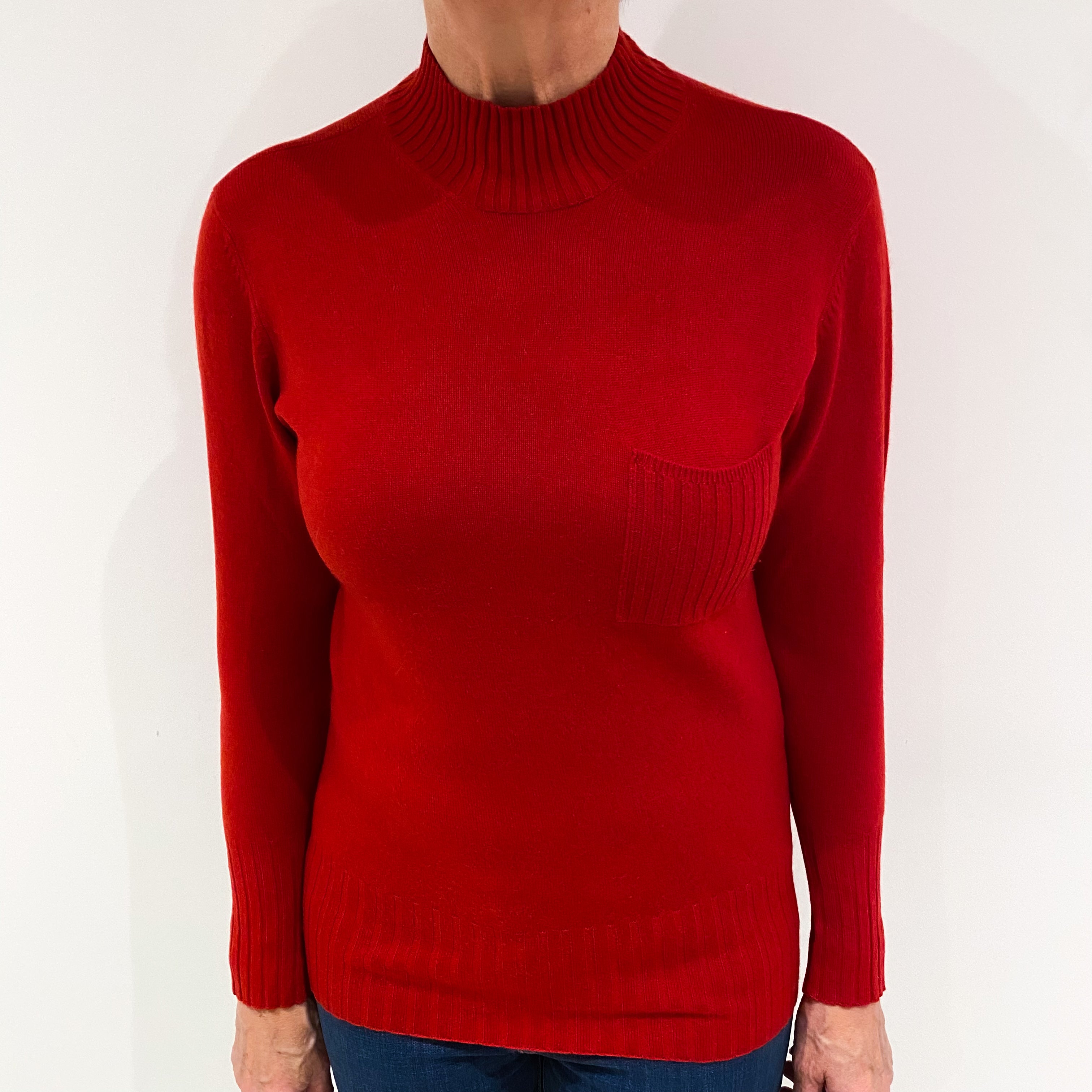 Post Box Red Cashmere Turtle Neck Jumper with Chest Pocket Medium