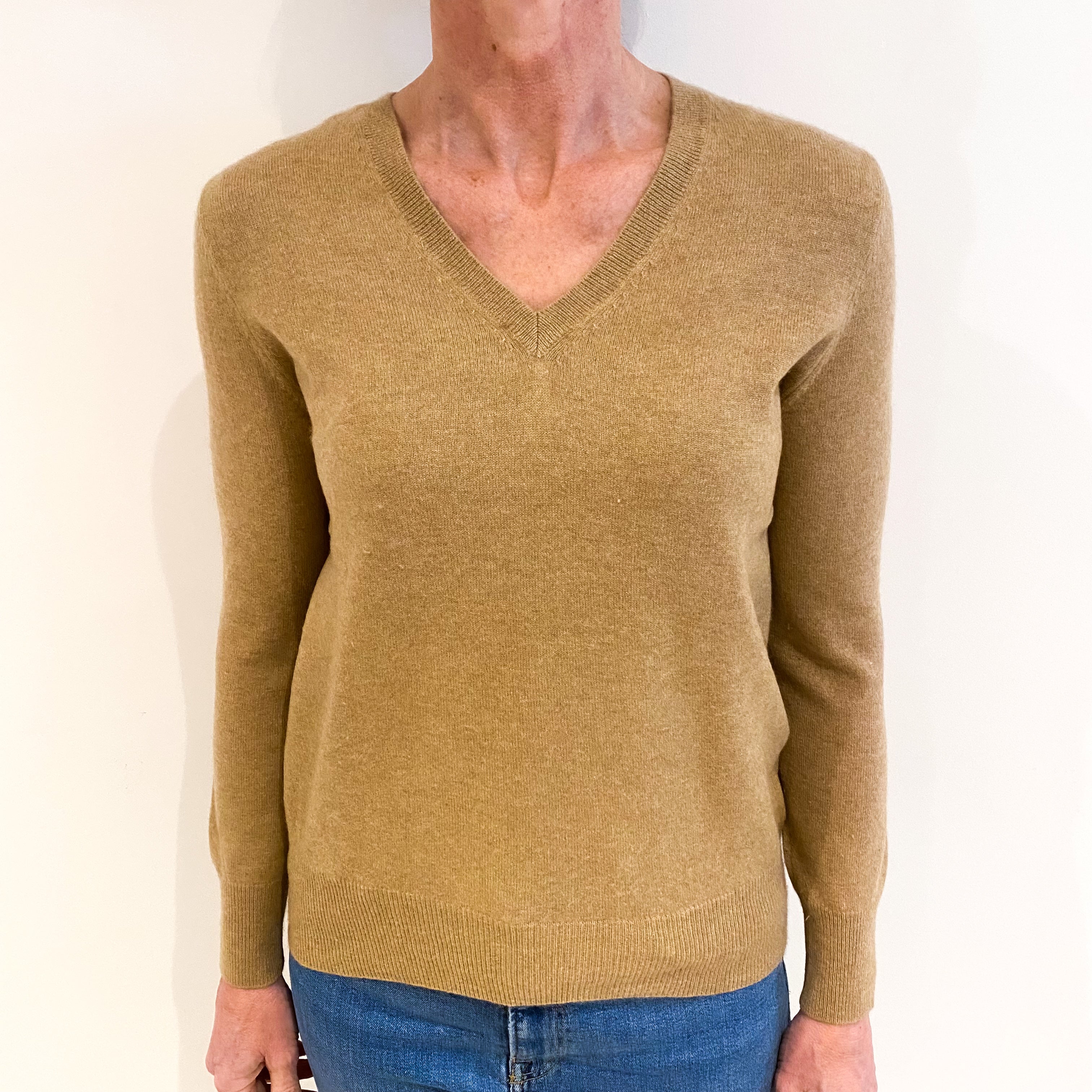 Camel Brown Cashmere V Neck Jumper Small