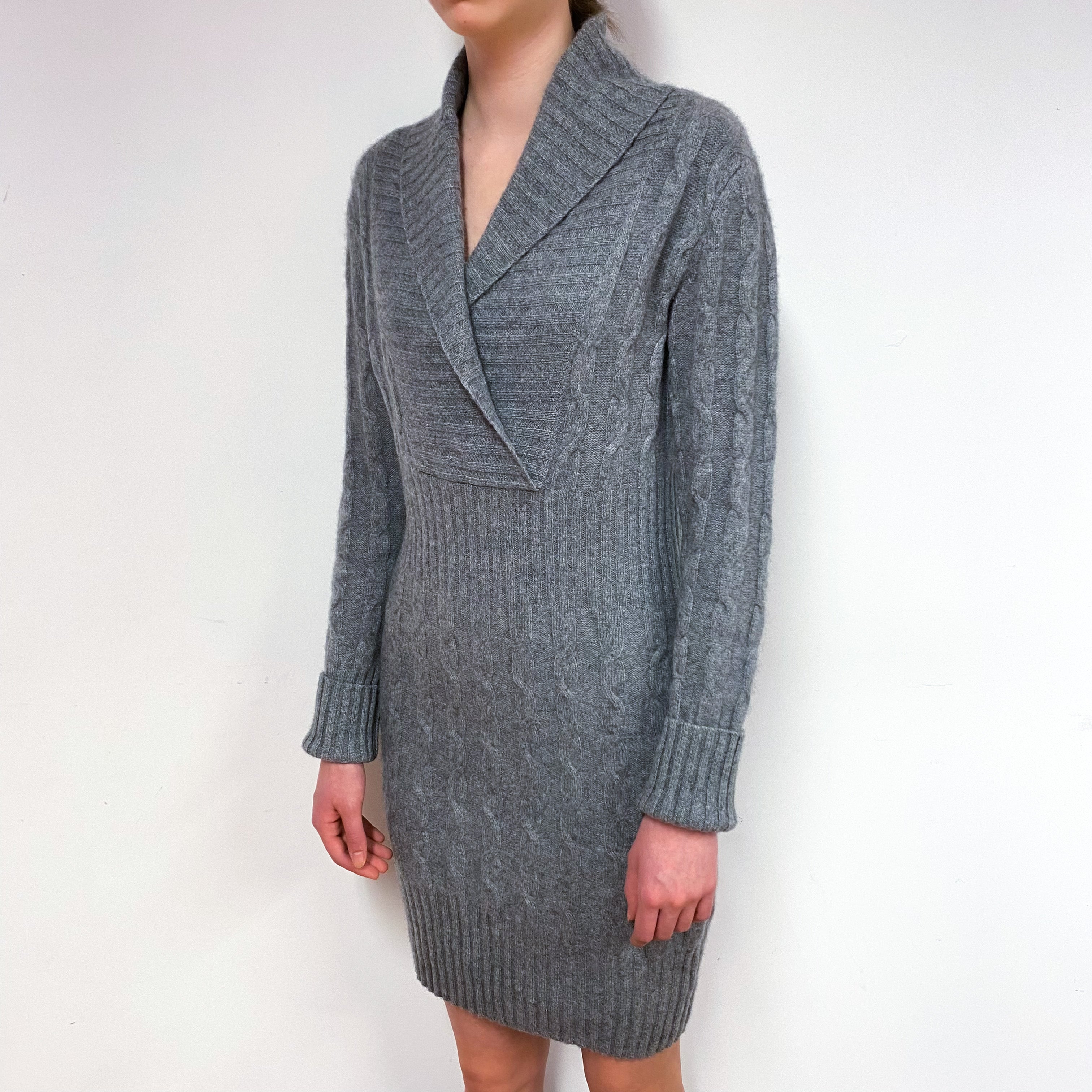 Slate Grey Cable Cashmere Shawl Collar Dress Extra Small