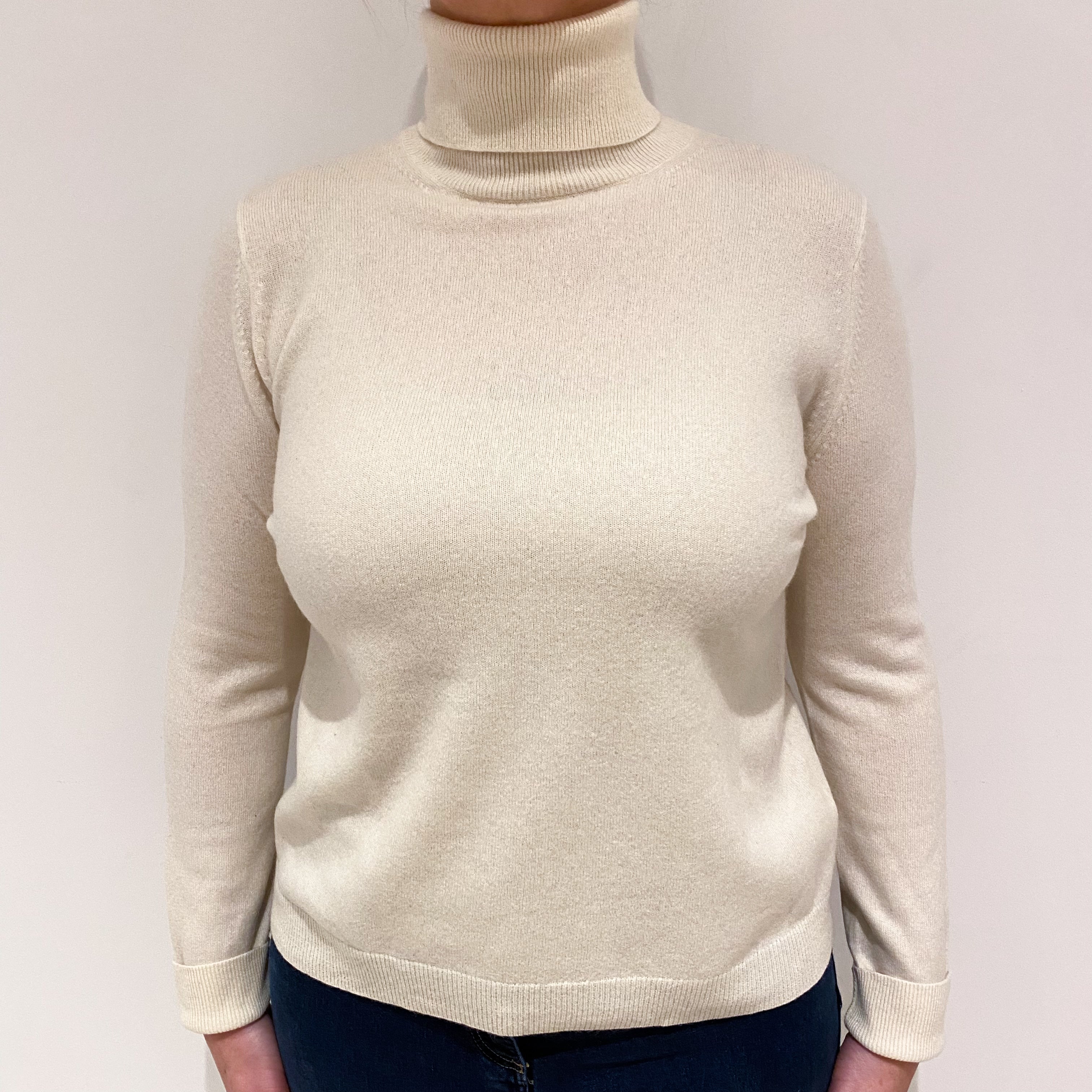 Vanilla Cream Cashmere Polo Neck Jumper Large