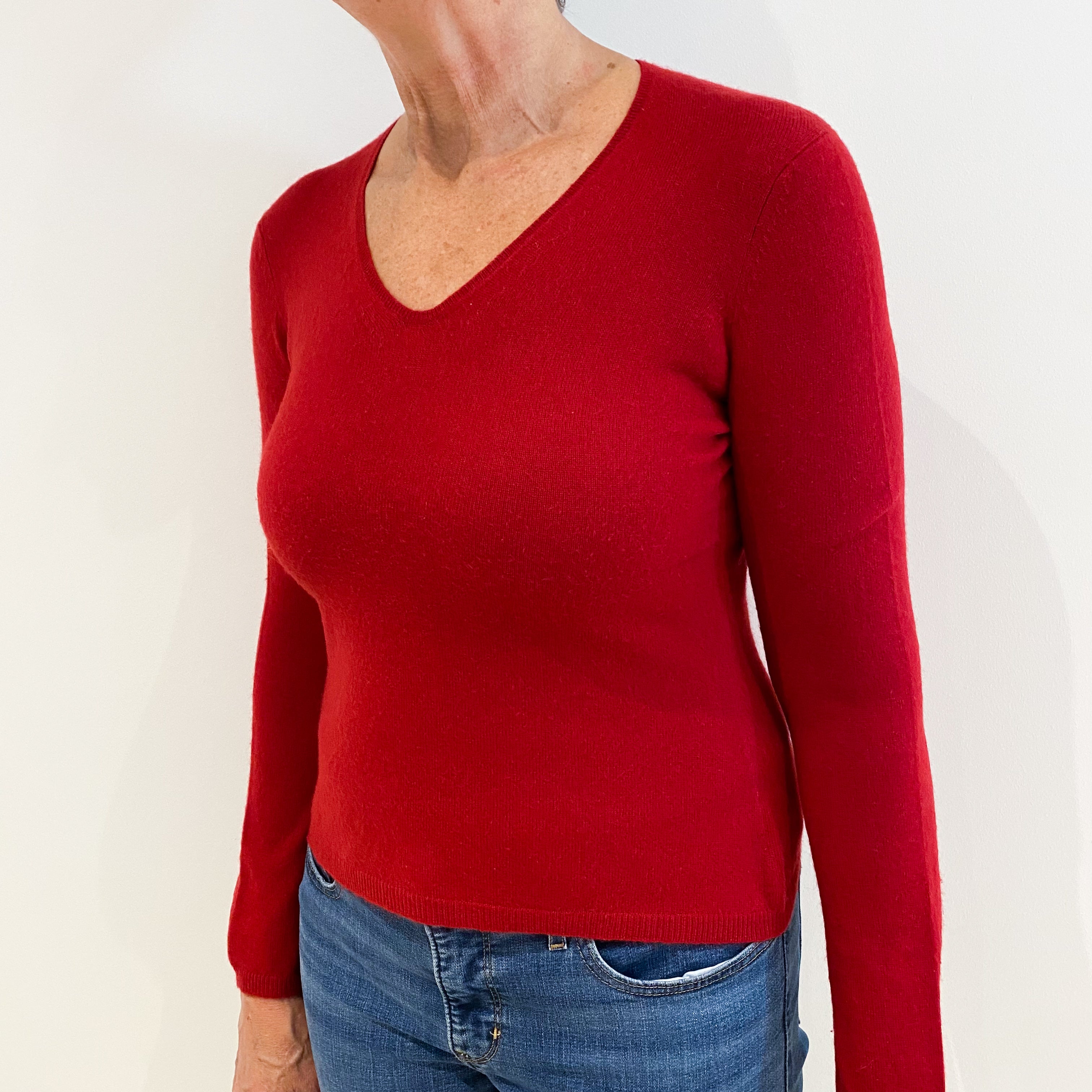 Scarlet Red Cashmere V-Neck Jumper Medium