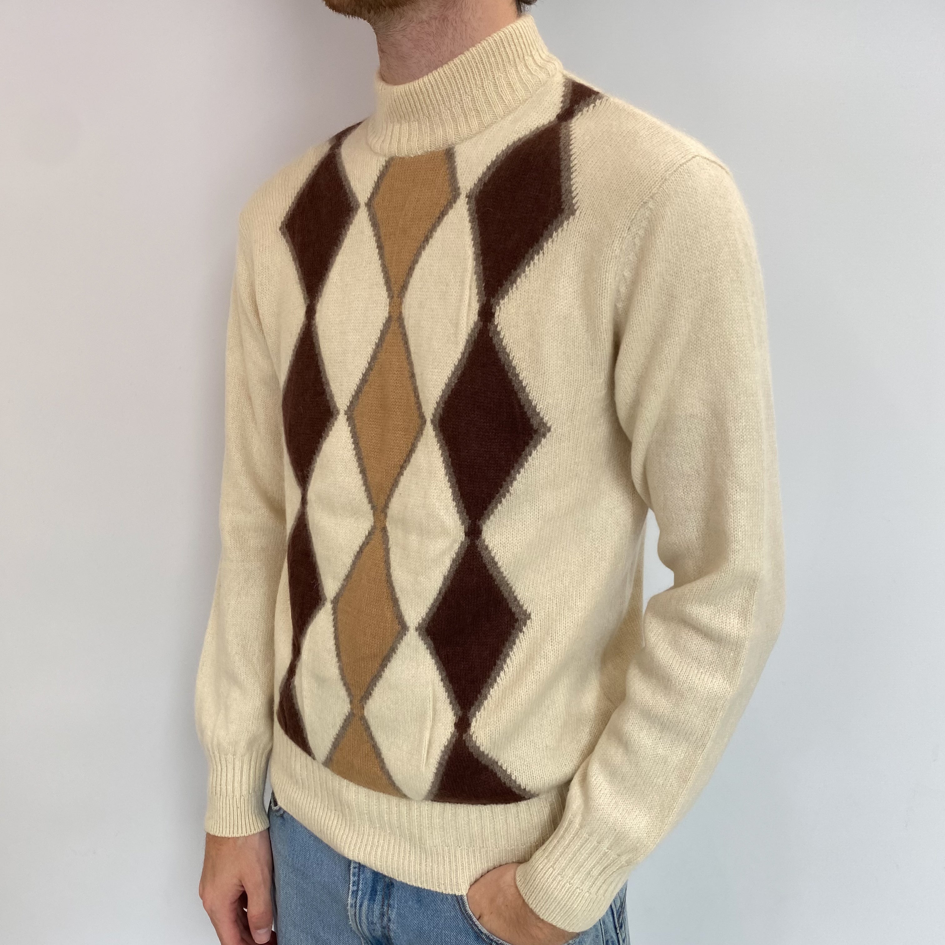 Men's Vintage Ivory and Brown Diamond Cashmere Turtle Neck Jumper Medium