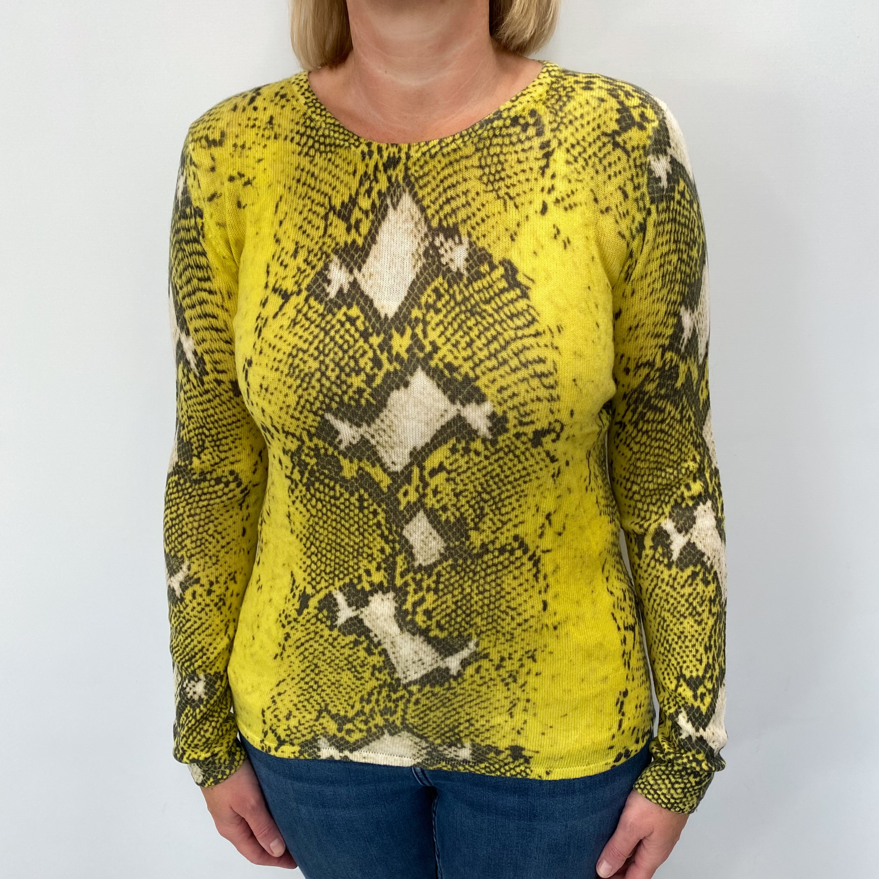 Neon Yellow Snake Pattern Cashmere Crew Neck Jumper Large