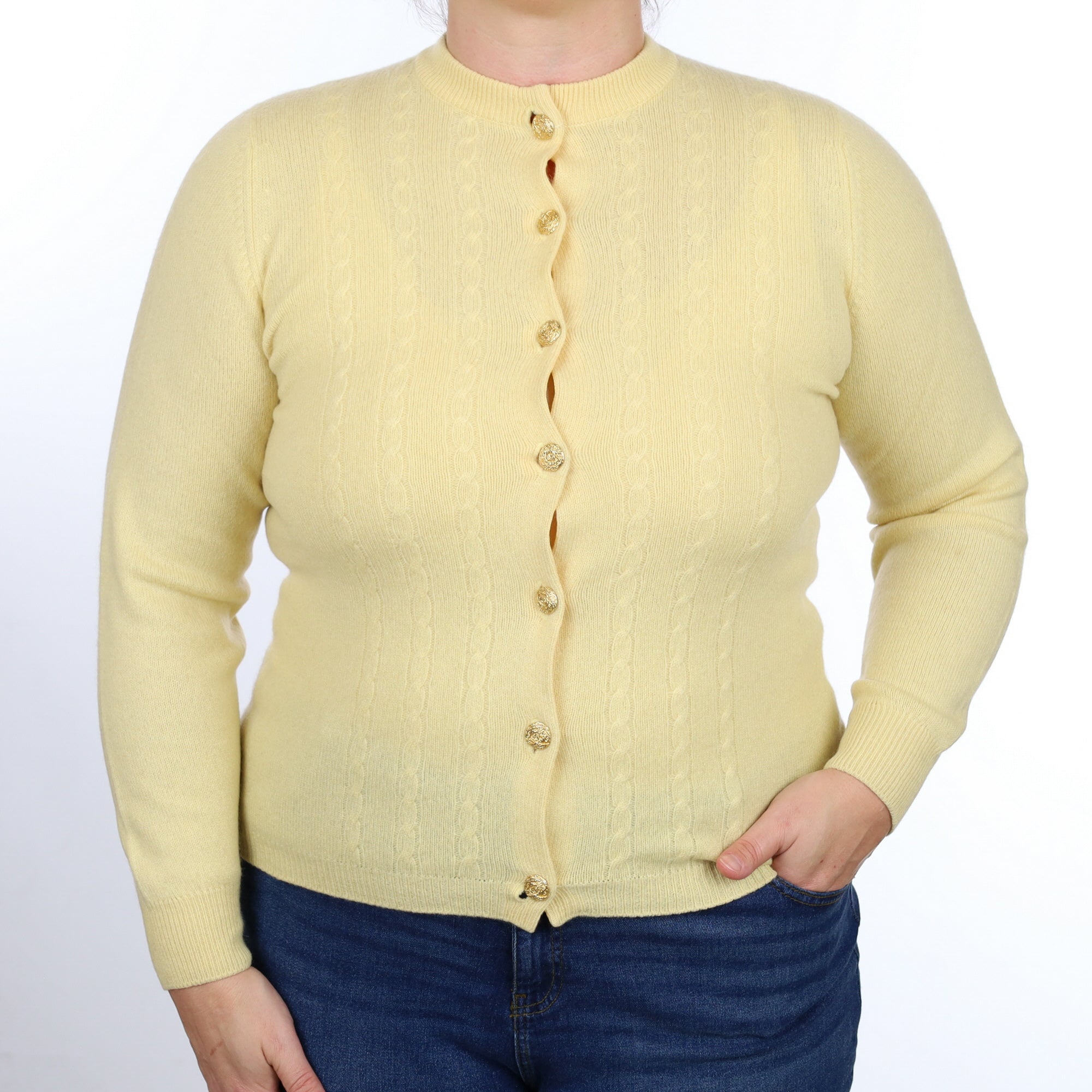 Scottish Vintage Pale Lemon Cashmere Crew Neck Cardigan Large