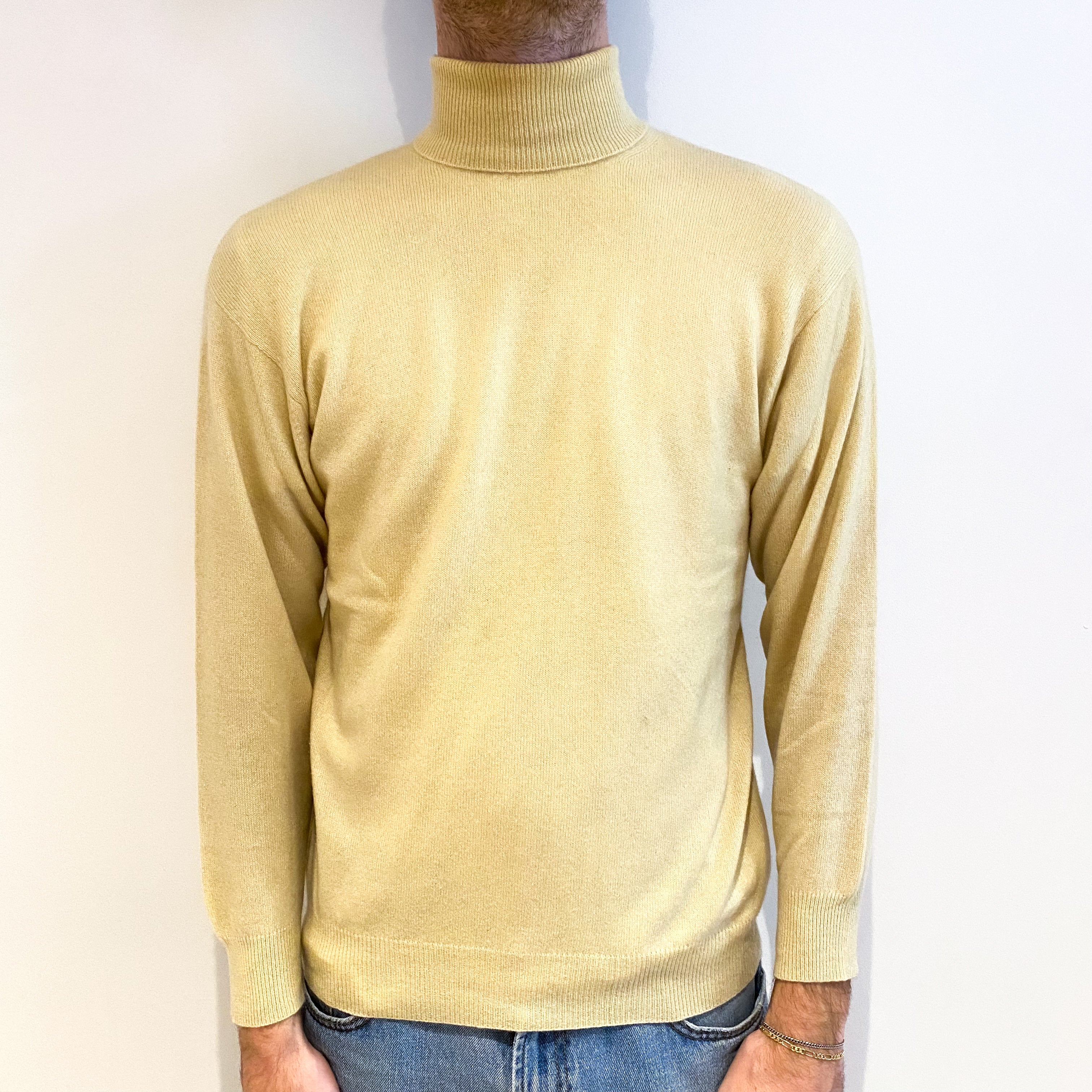 Men's Buttermilk Yellow Cashmere Polo Neck Jumper Large