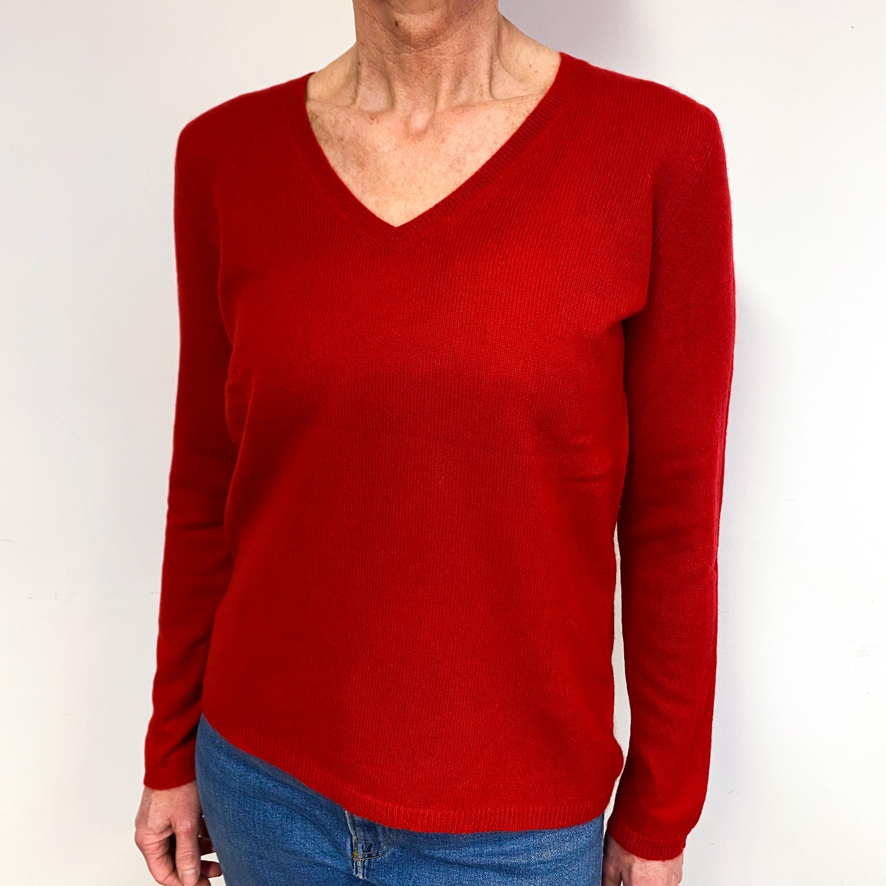 Post Box Red Cashmere V-Neck Jumper Medium