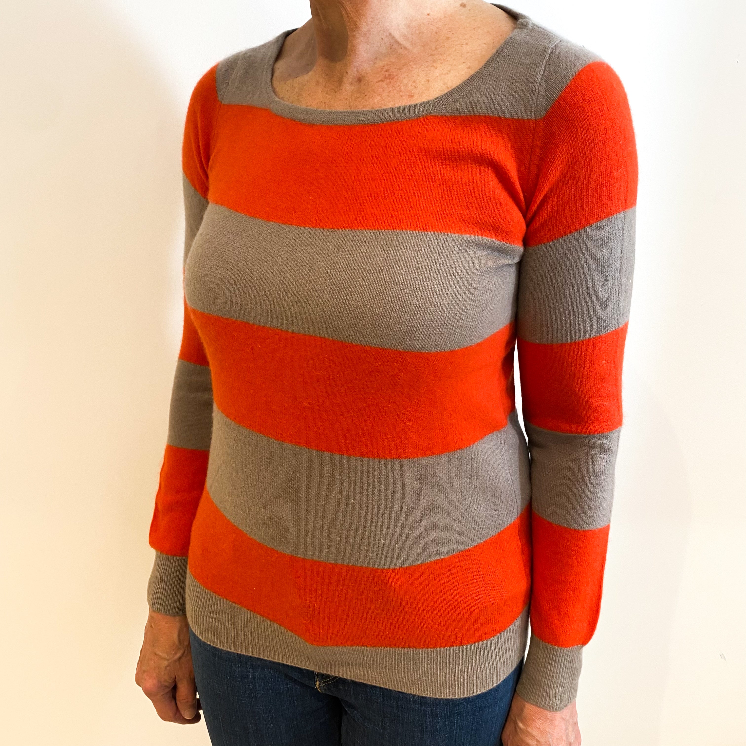 Orange And Mink Brown Stripe Cashmere Crew Neck Jumper Medium