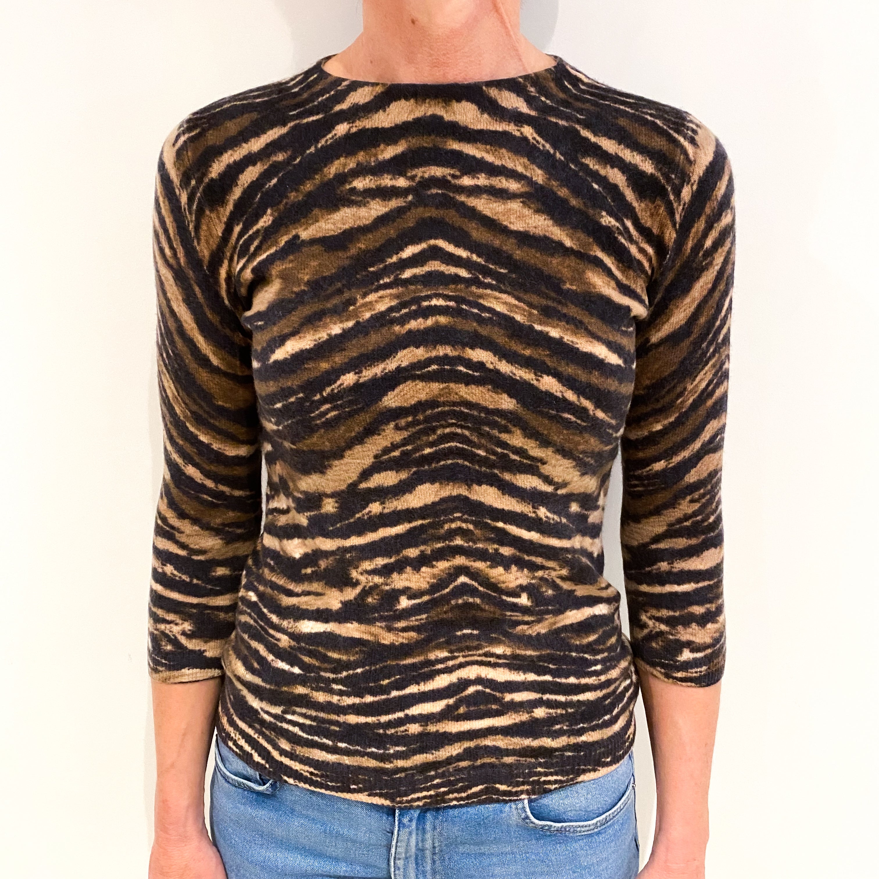 Brown Animal Print Cashmere Crew Neck Jumper Small