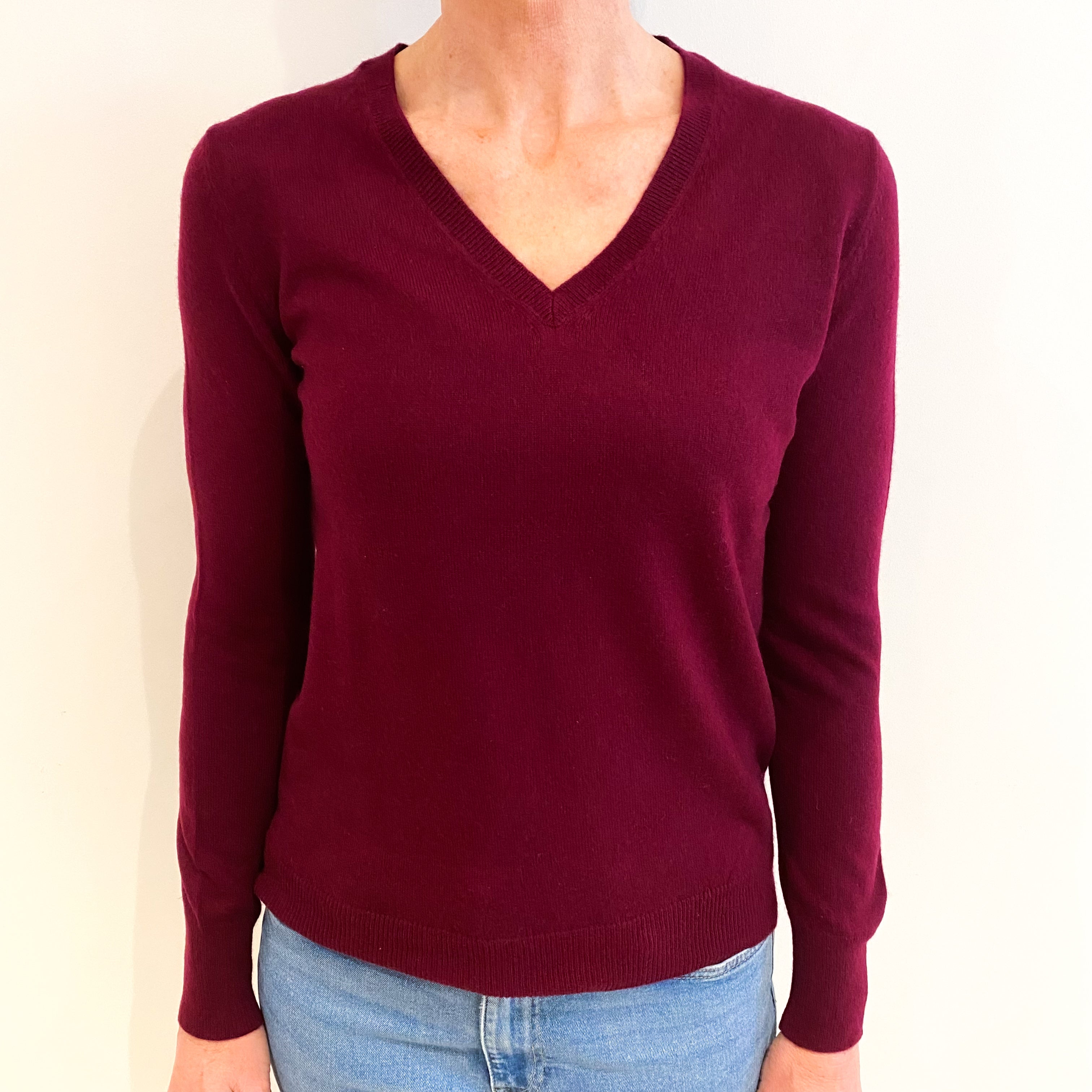 Wine Red Cashmere V Neck Jumper Small