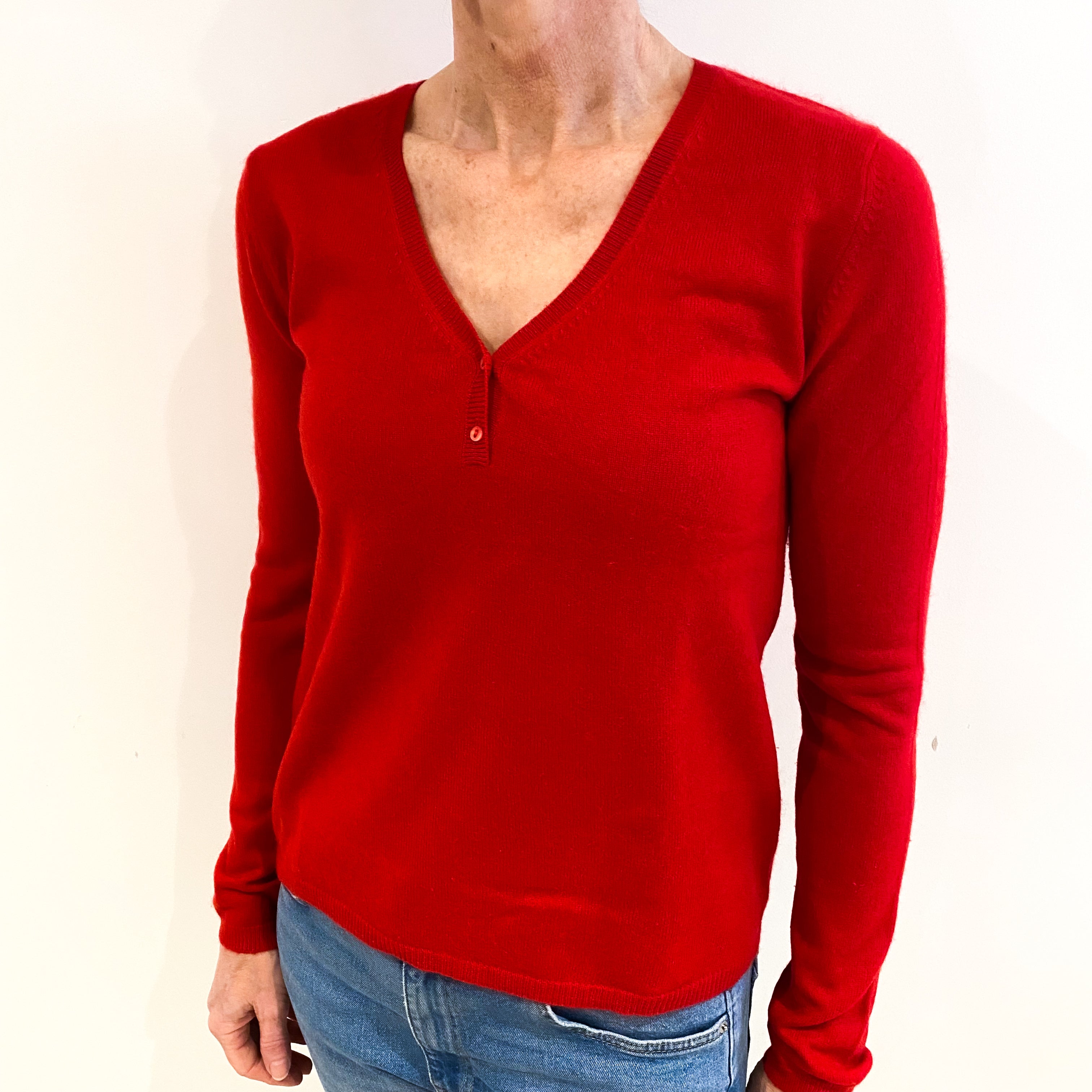 Scarlet Red Cashmere V Neck Jumper Small