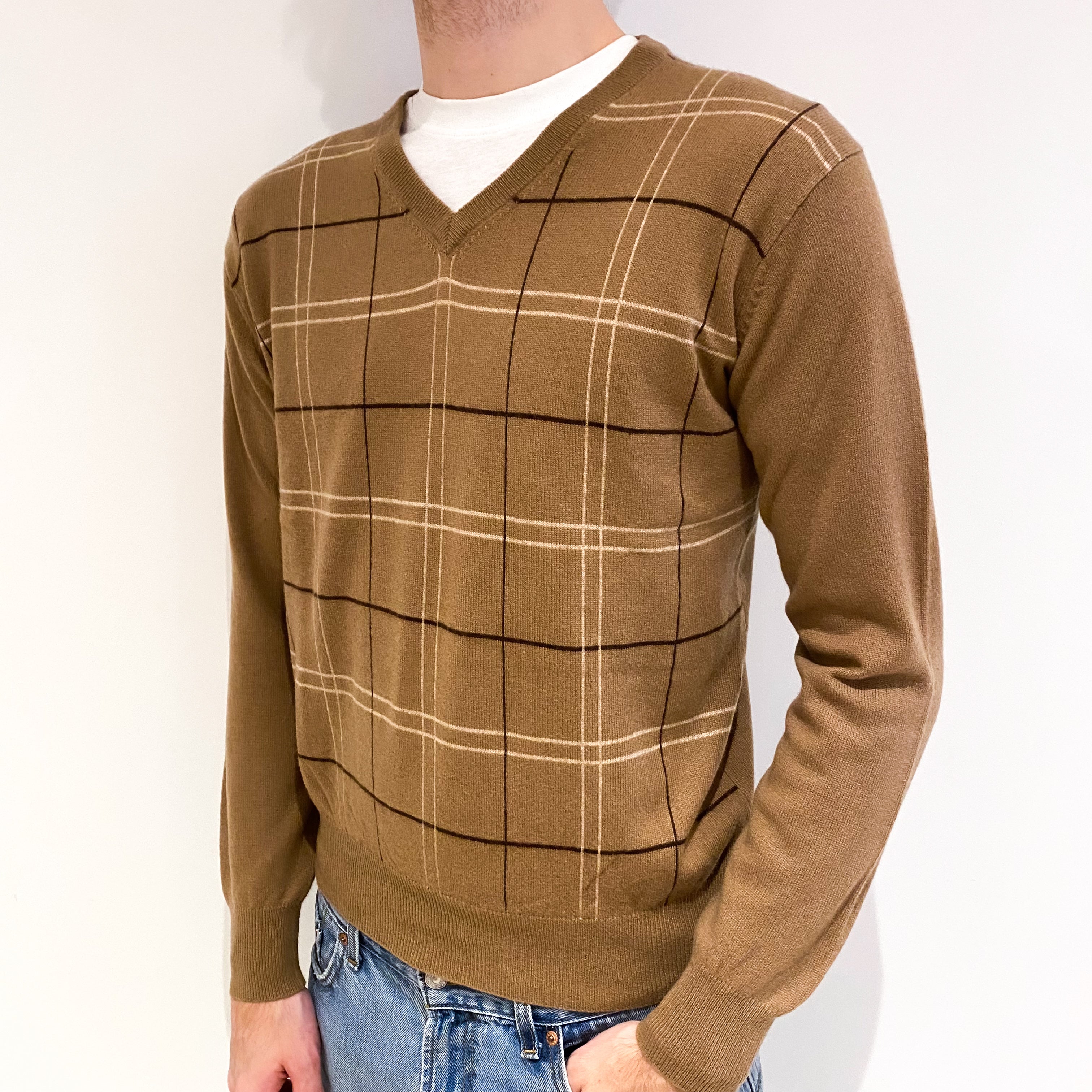 Men's Camel Beige With Check Pattern Cashmere V Neck Jumper Medium