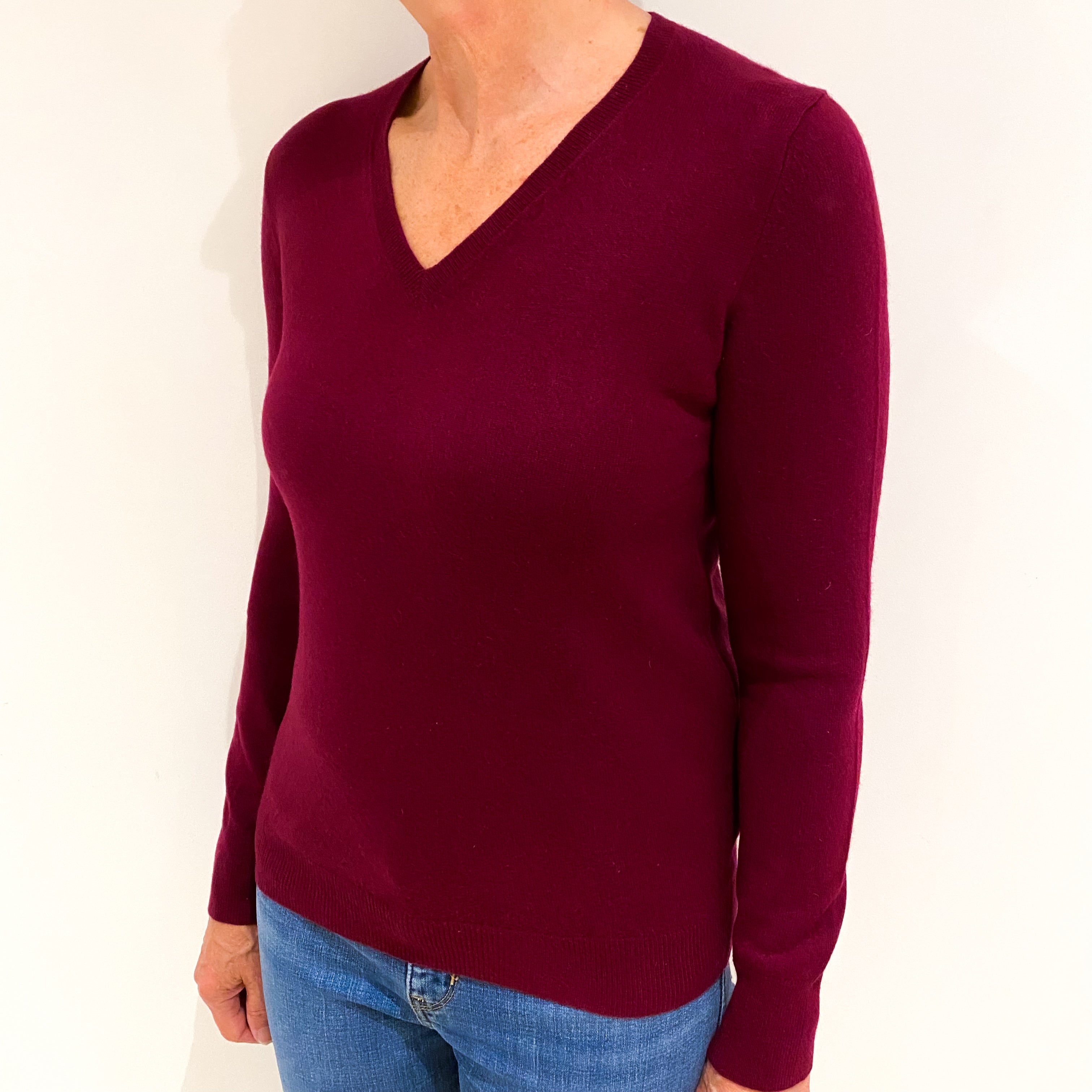 Wine Red Cashmere V Neck Jumper Medium