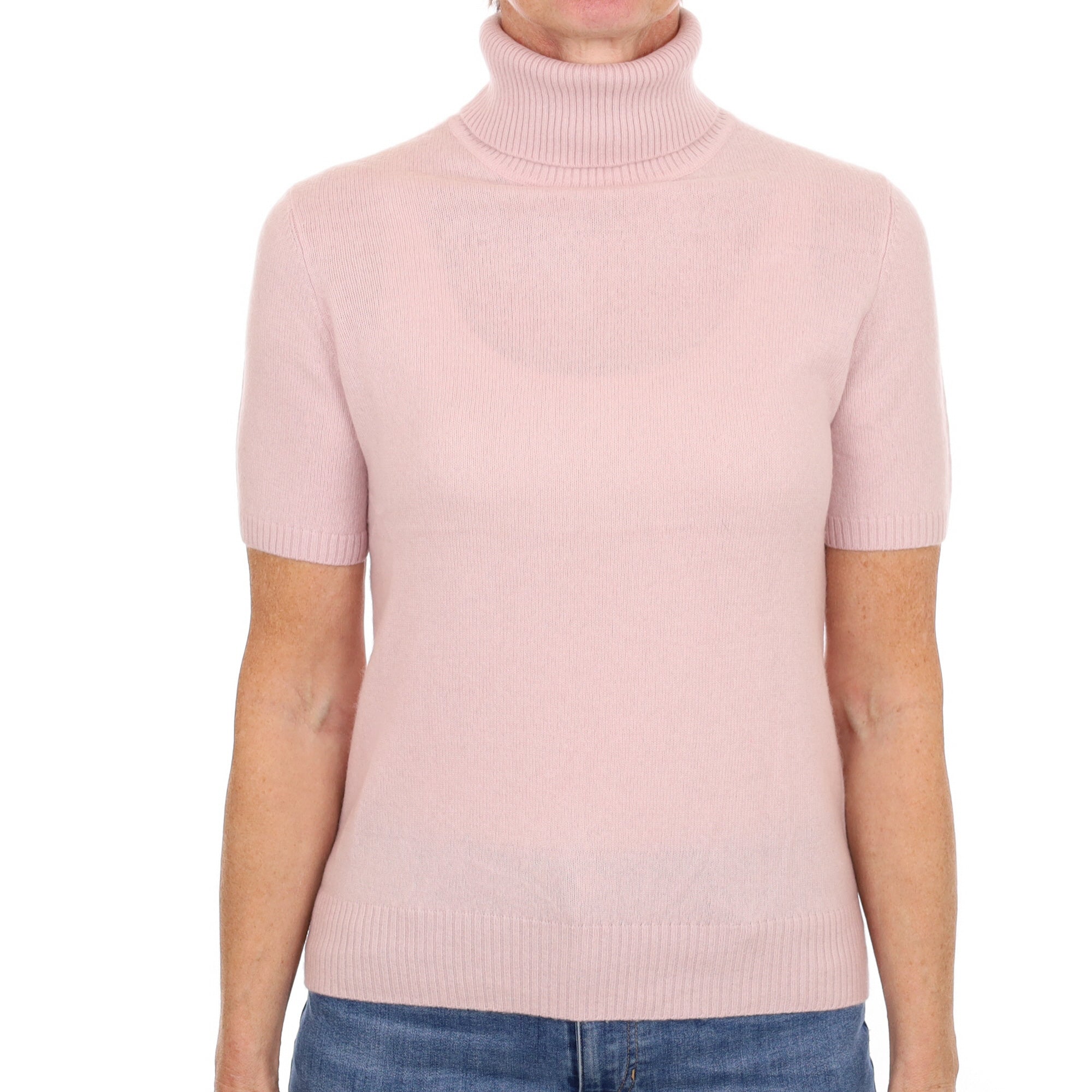 Pale Mauve Cashmere Polo Neck Short Sleeved Jumper Small