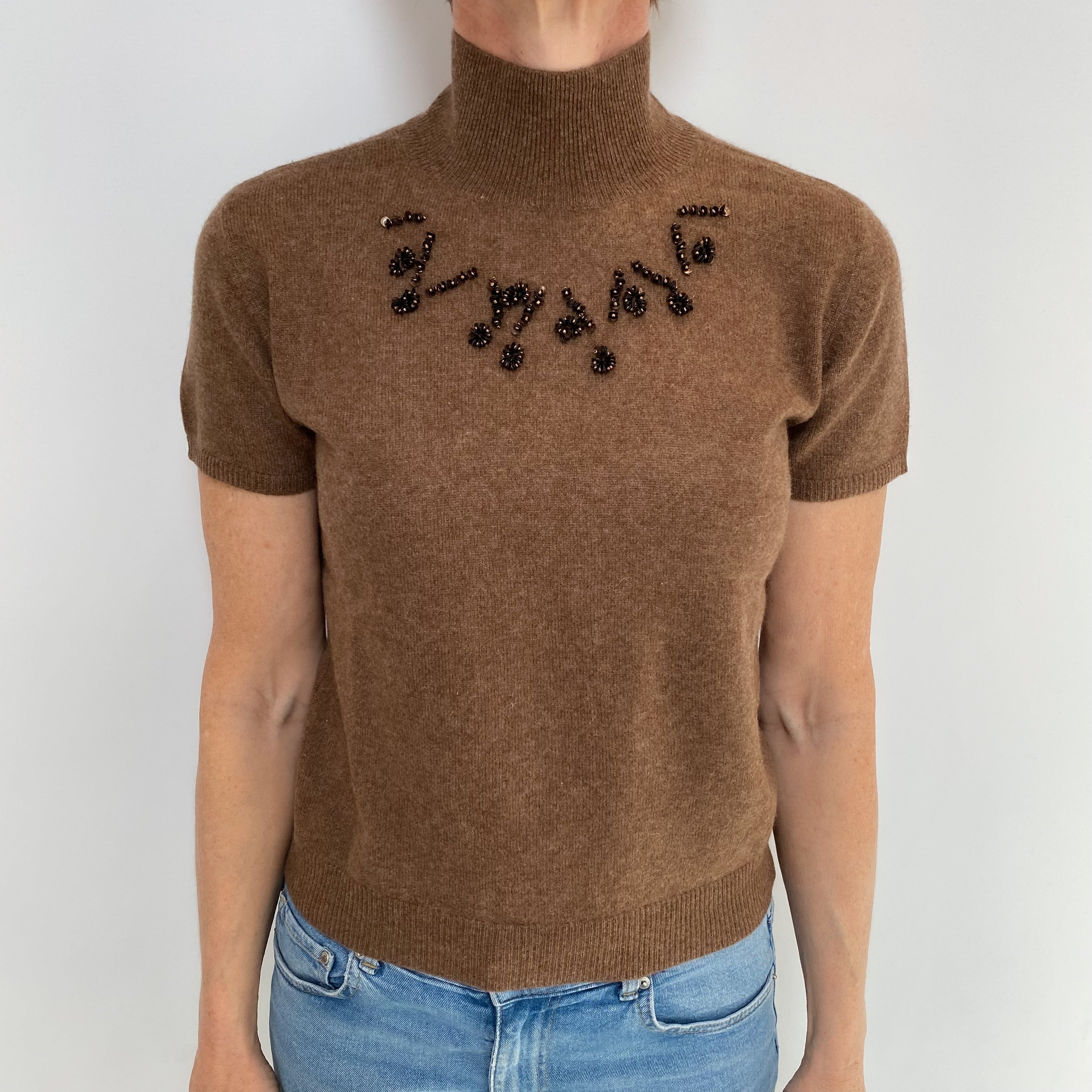 Russet Brown Cashmere Turtle Neck Short Sleeved Jumper Small