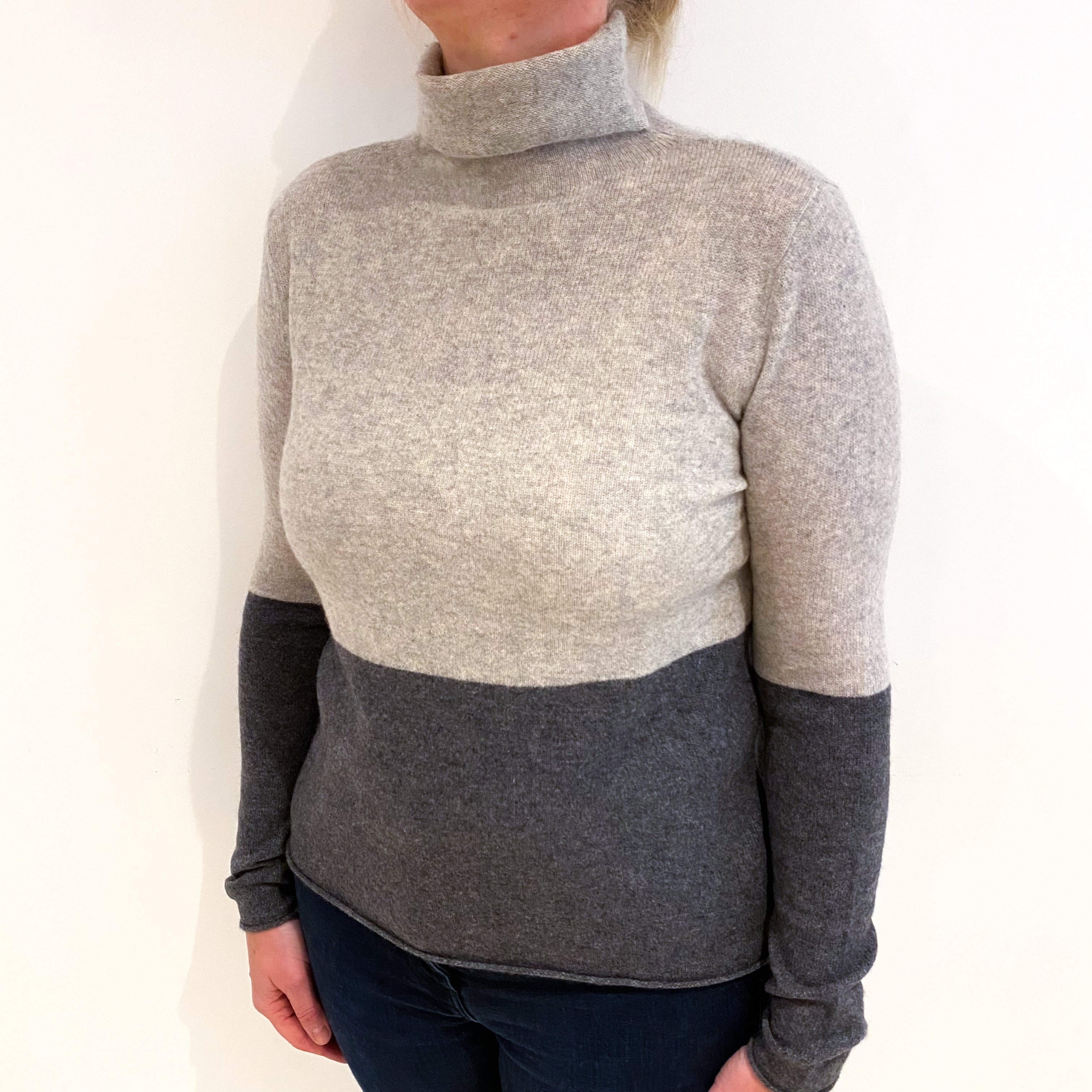 Paul Costello Grey Colour Block Cashmere Polo Neck Jumper Large