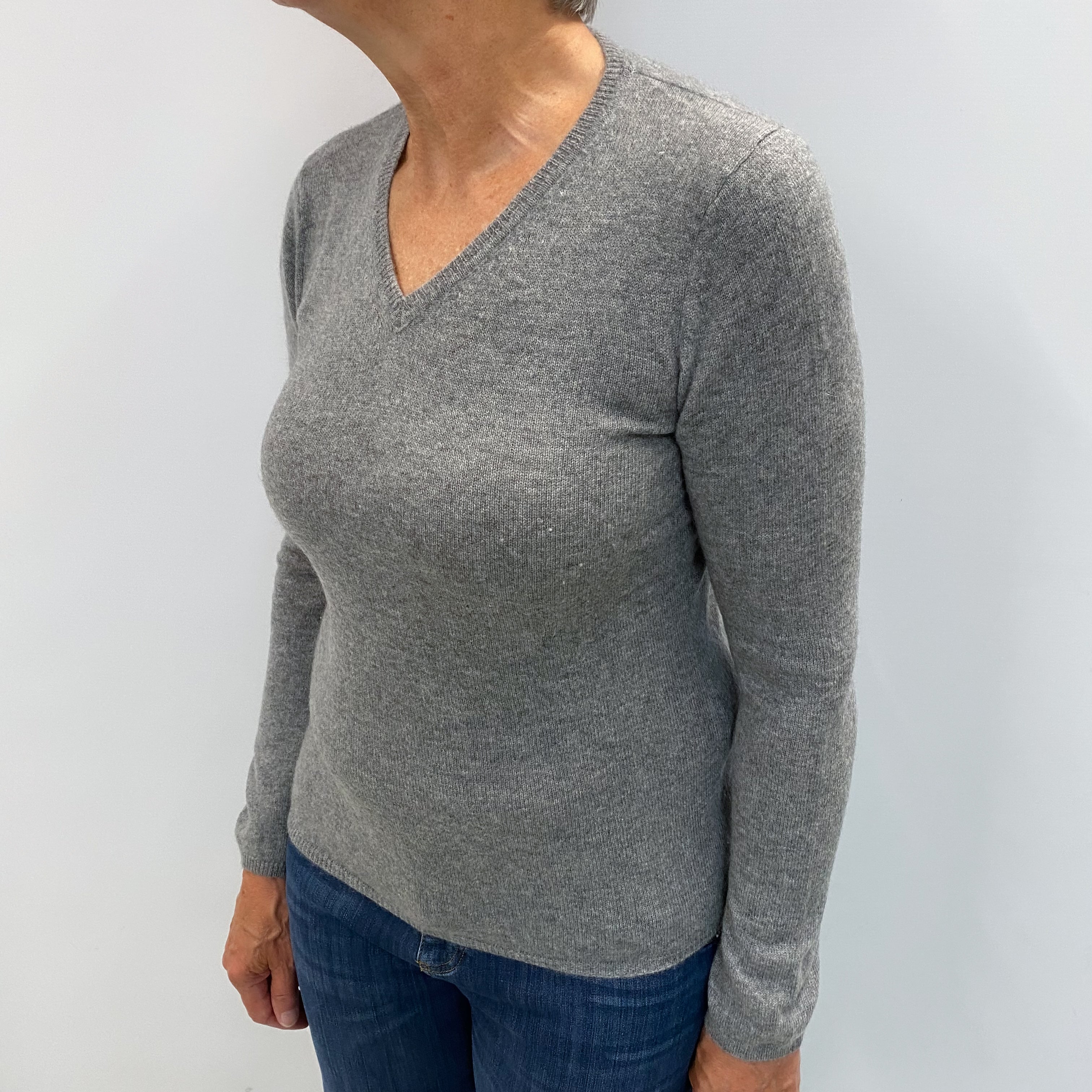 Ash Grey Cashmere V Neck Jumper Medium