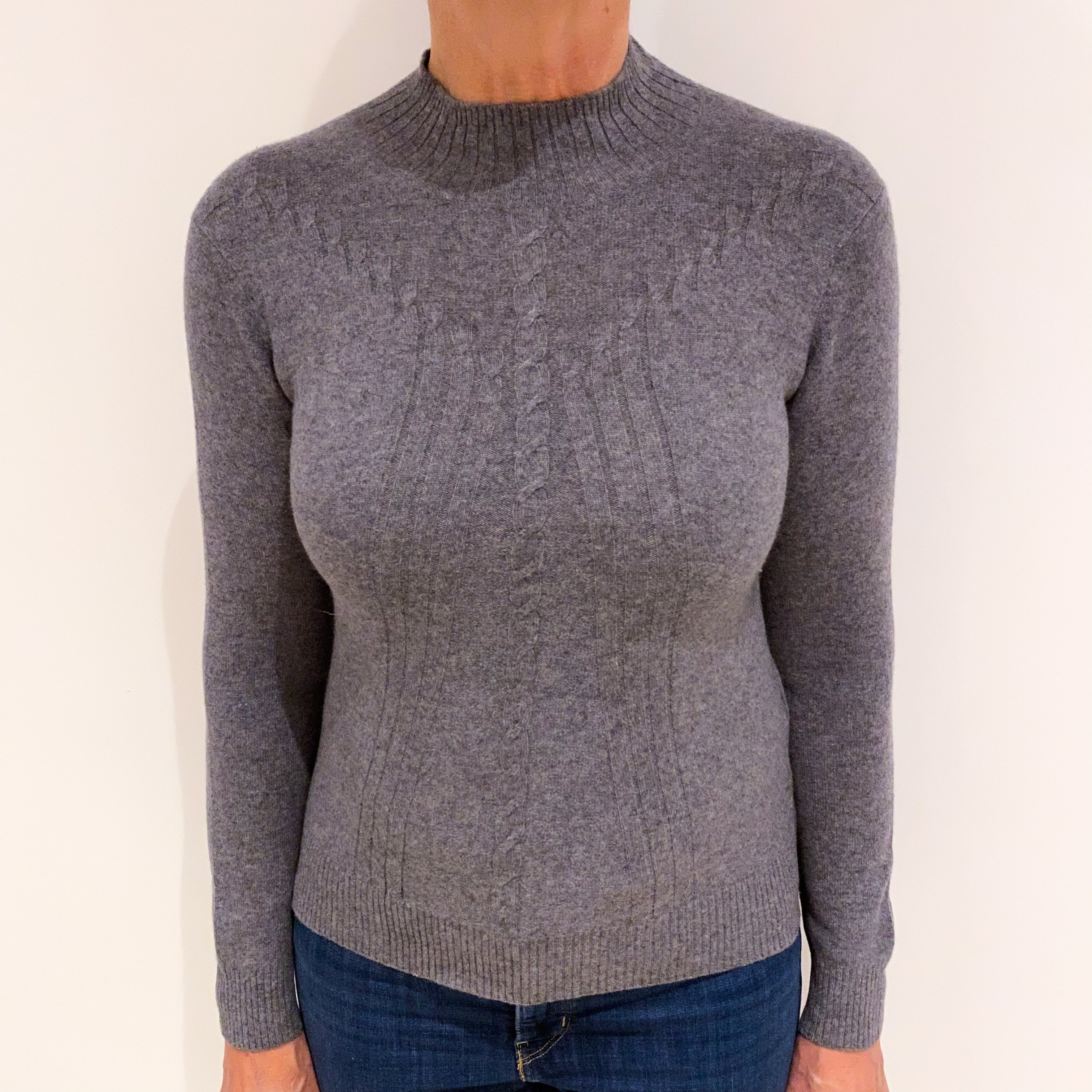 Slate Grey Rib Detail Cashmere Turtle Neck Jumper Medium