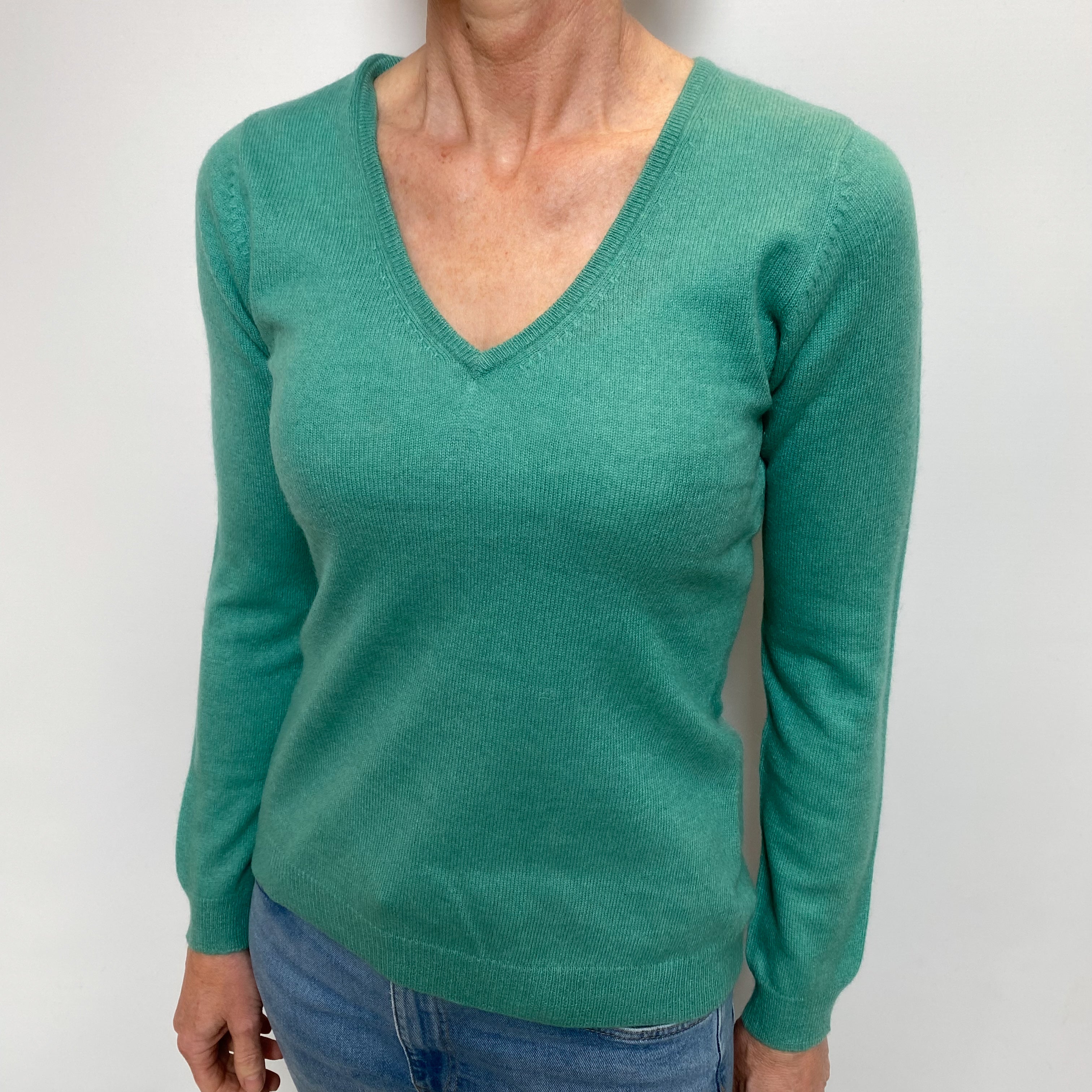 Deep Mint Green Cashmere V Neck Jumper Small