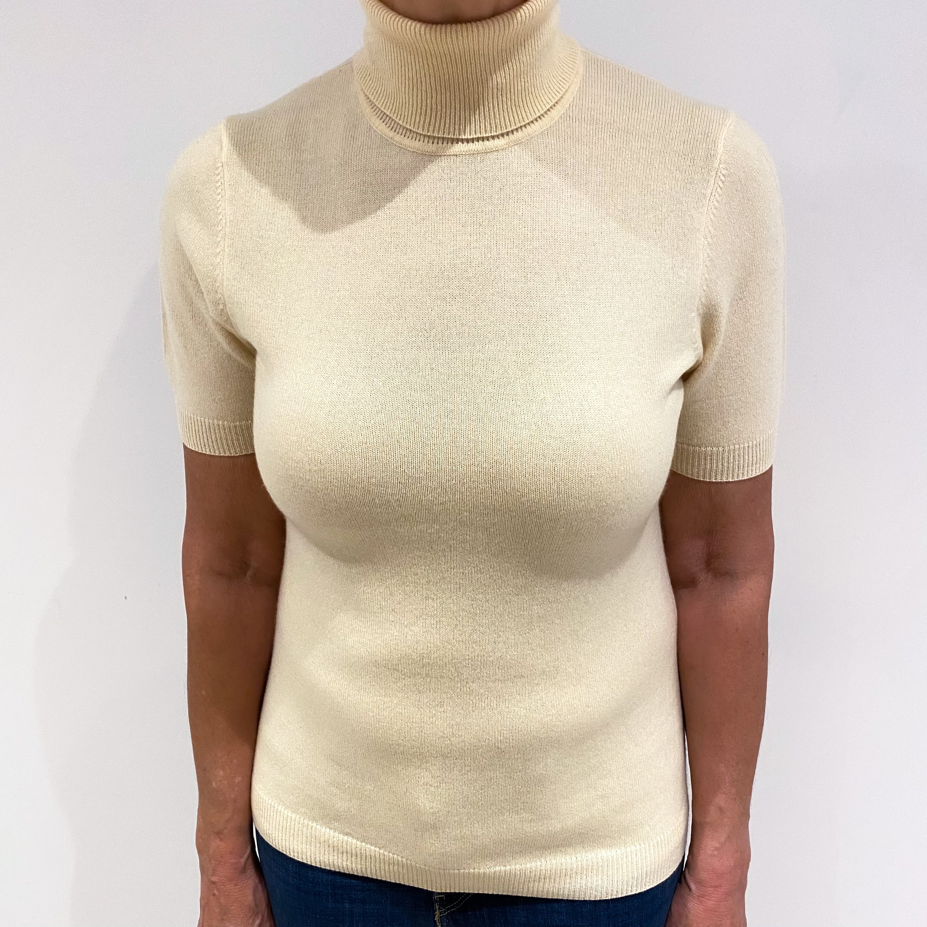 Pale Custard Yellow Short Sleeved Cashmere Polo Neck Jumper Medium