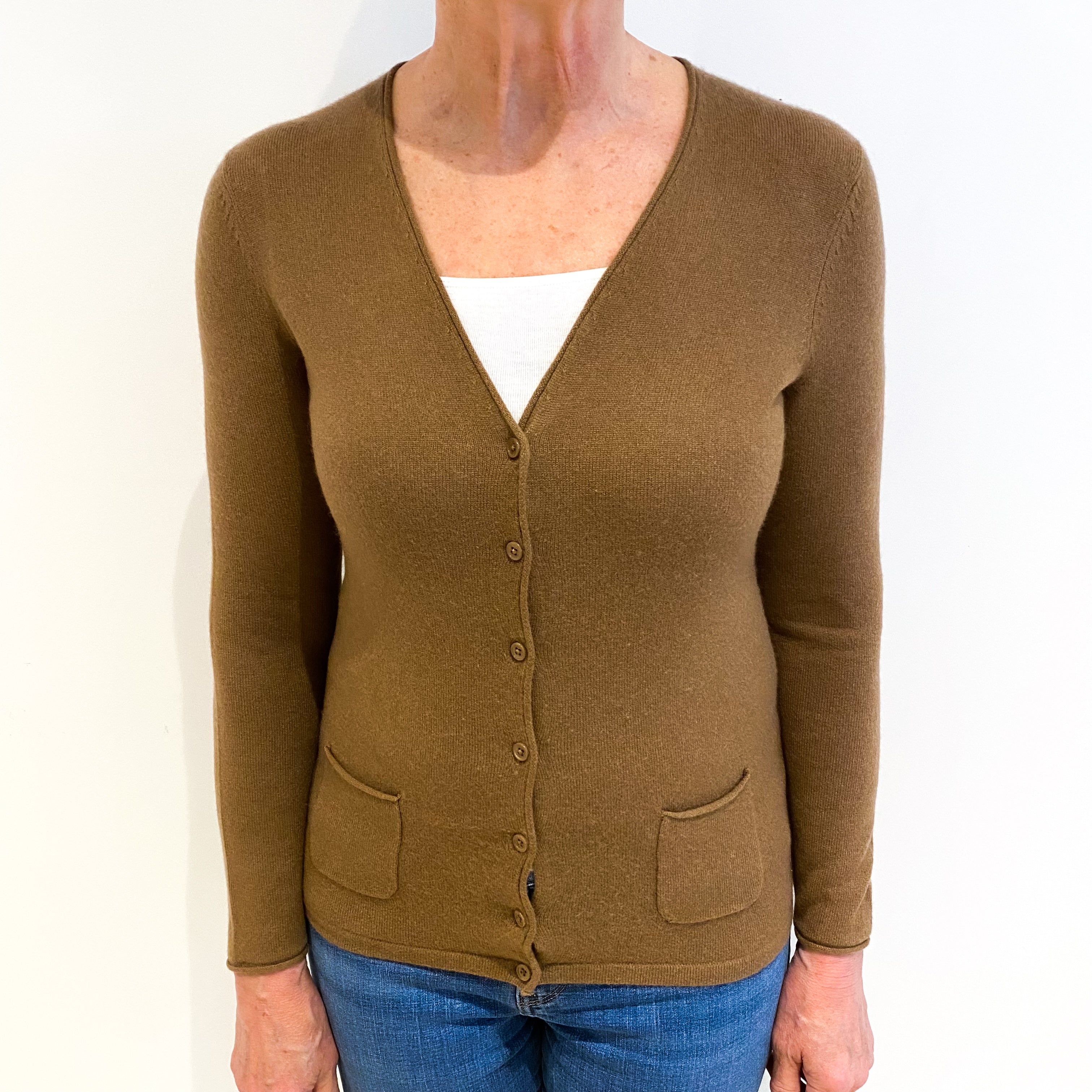 Walnut Brown Cashmere V Neck Cardigan With Pockets Medium