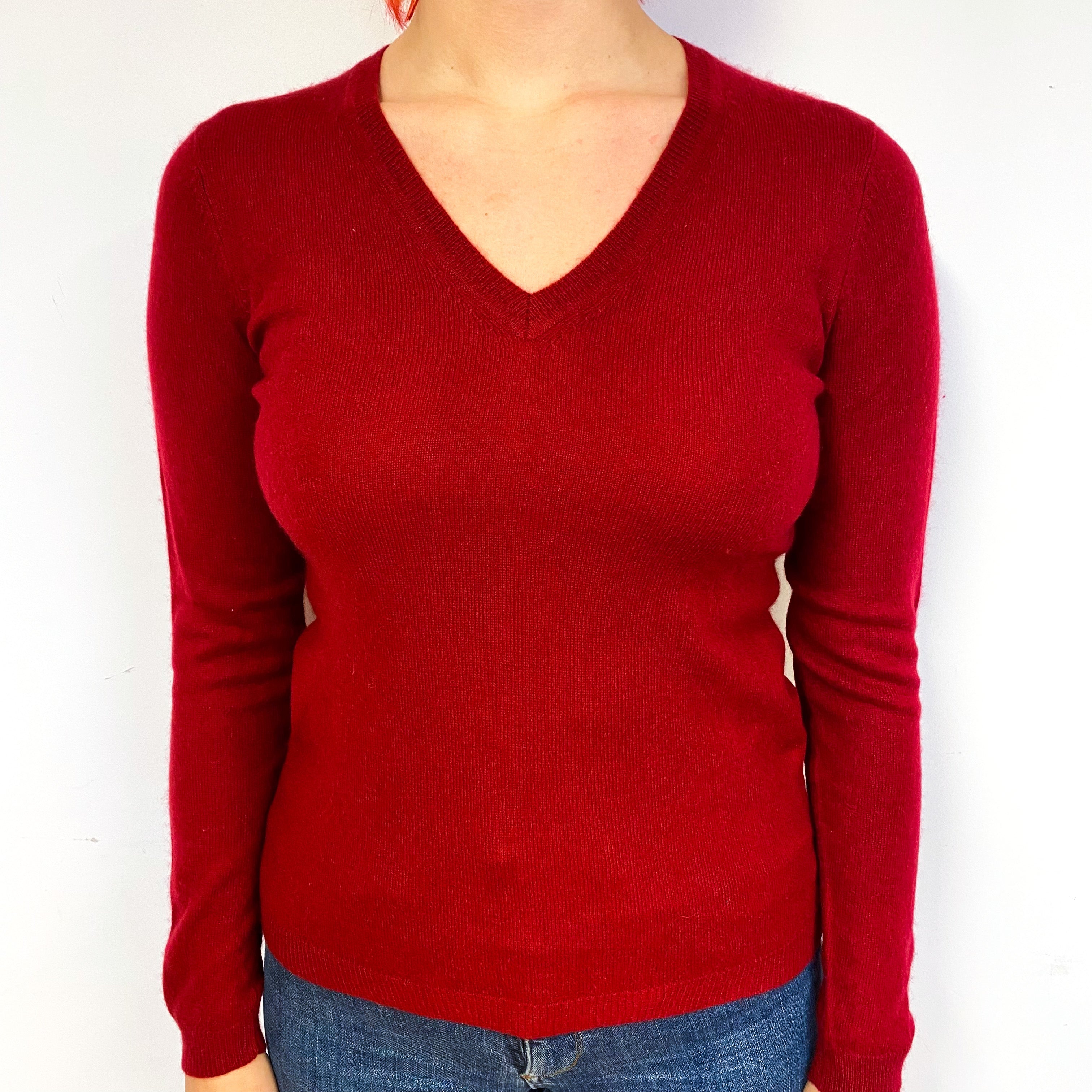 Crimson Red Cashmere V-Neck Jumper Small