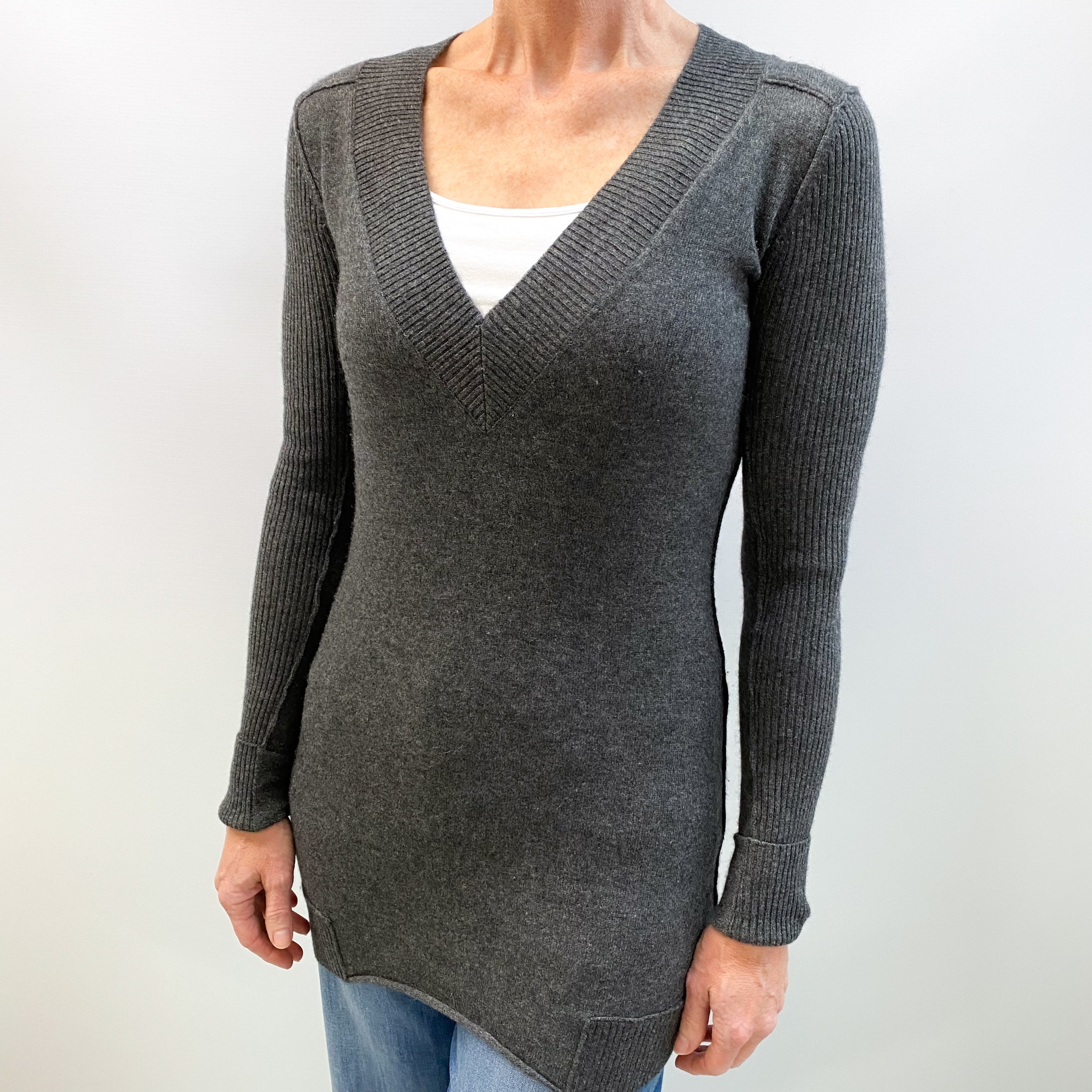 Slate Grey Cashmere V Neck Longline Jumper Small