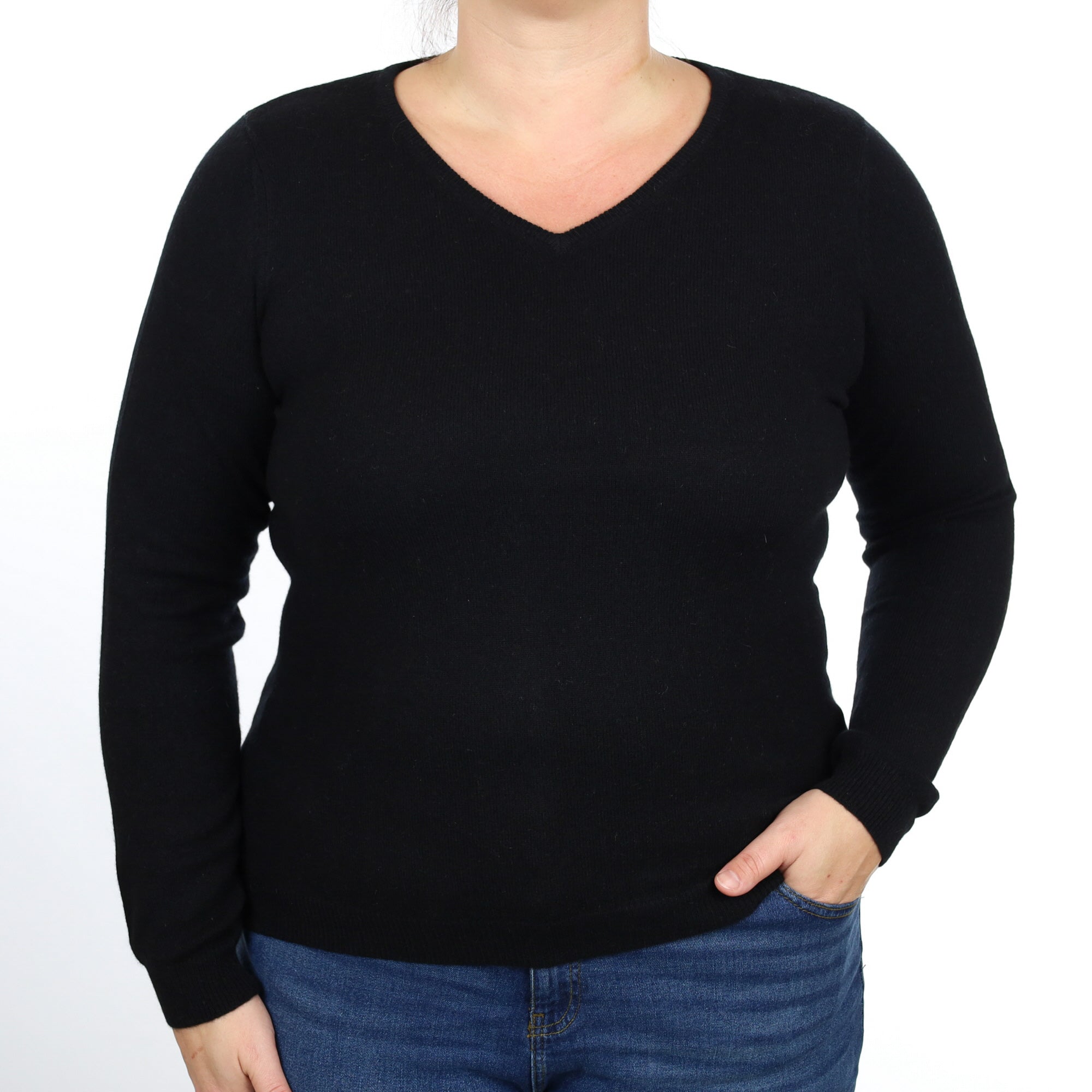 Black Cashmere V Neck Jumper Large