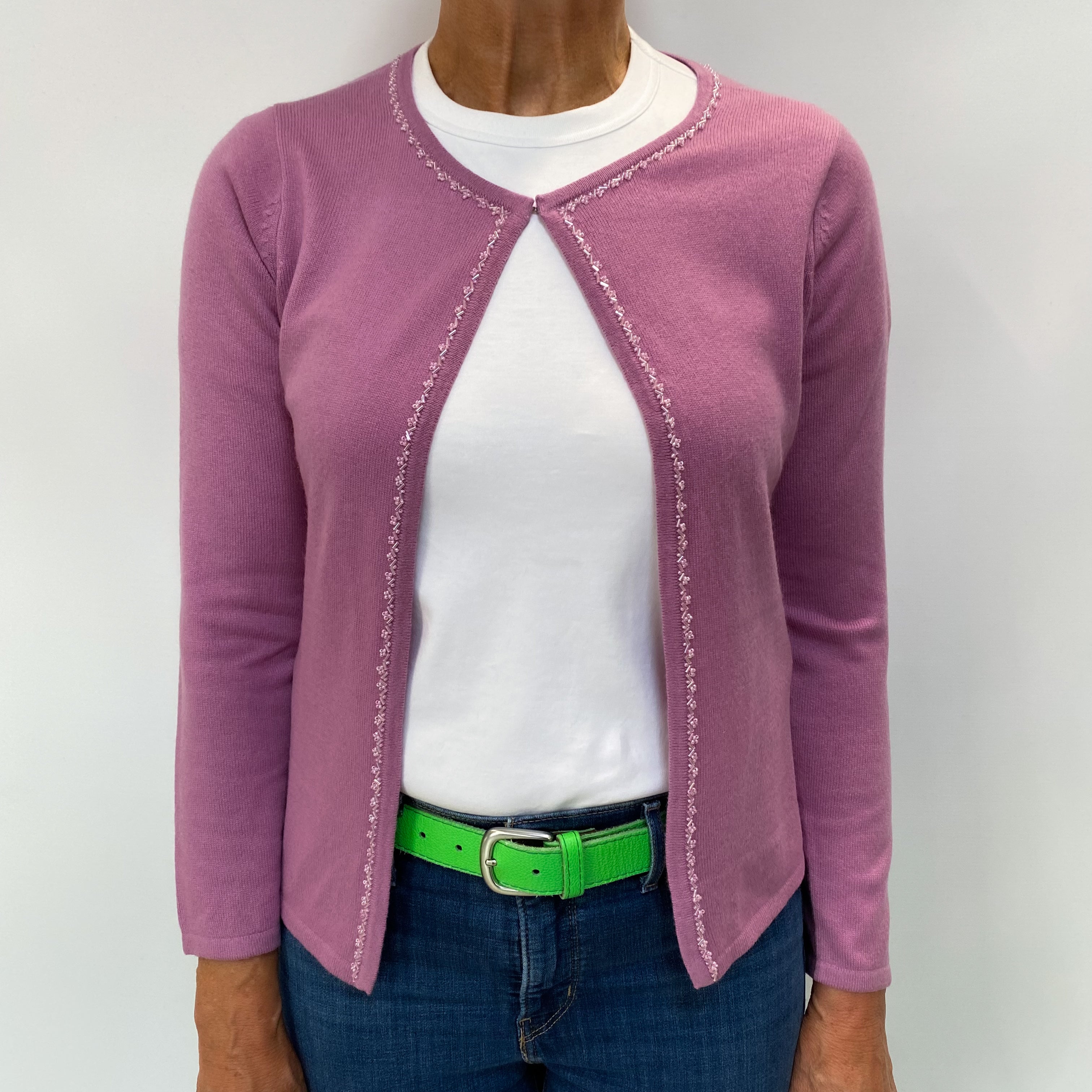 Mauve Pink Cashmere Crew Neck Cardigan Medium