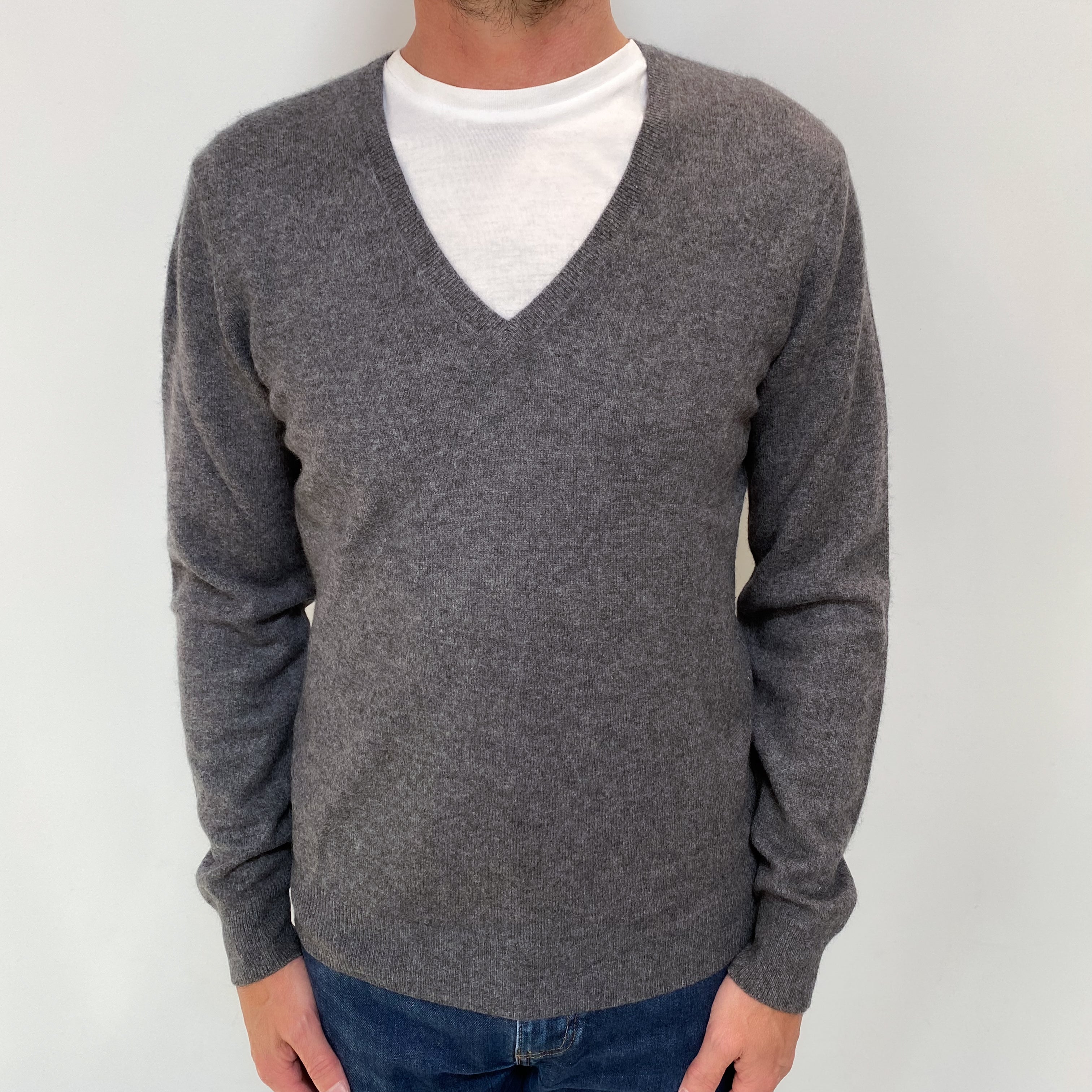 Men's Slate Grey Cashmere V Neck Jumper Small