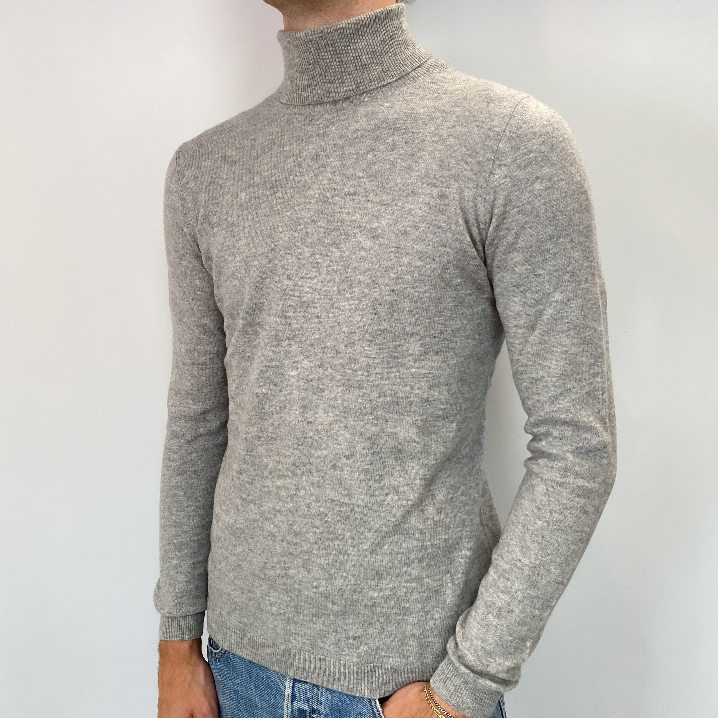 Men's Smoke Grey Cashmere Polo Neck Jumper Medium