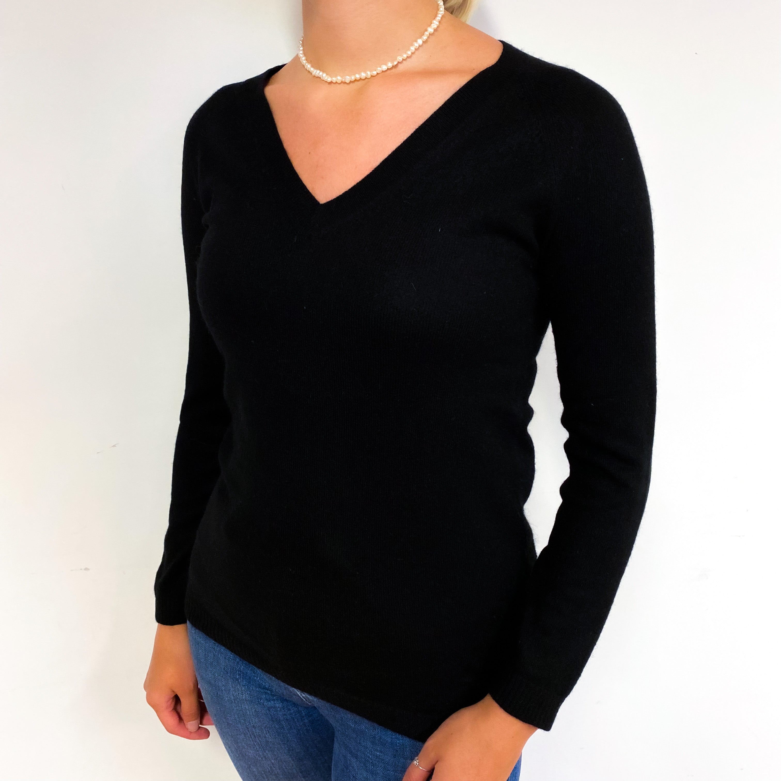 Black Cashmere V-Neck Jumper Small