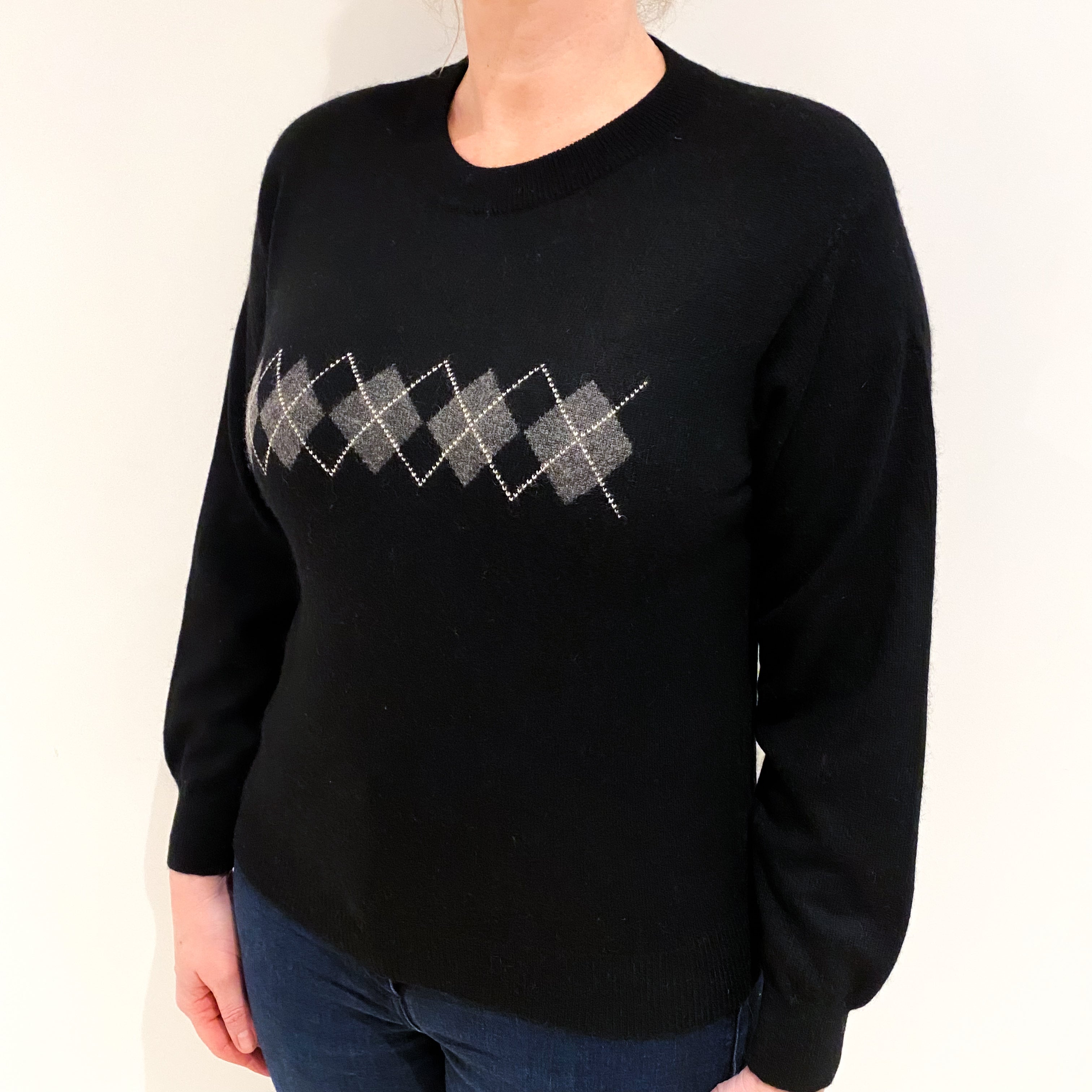 Black Argyle Cashmere Crew Neck Jumper Large