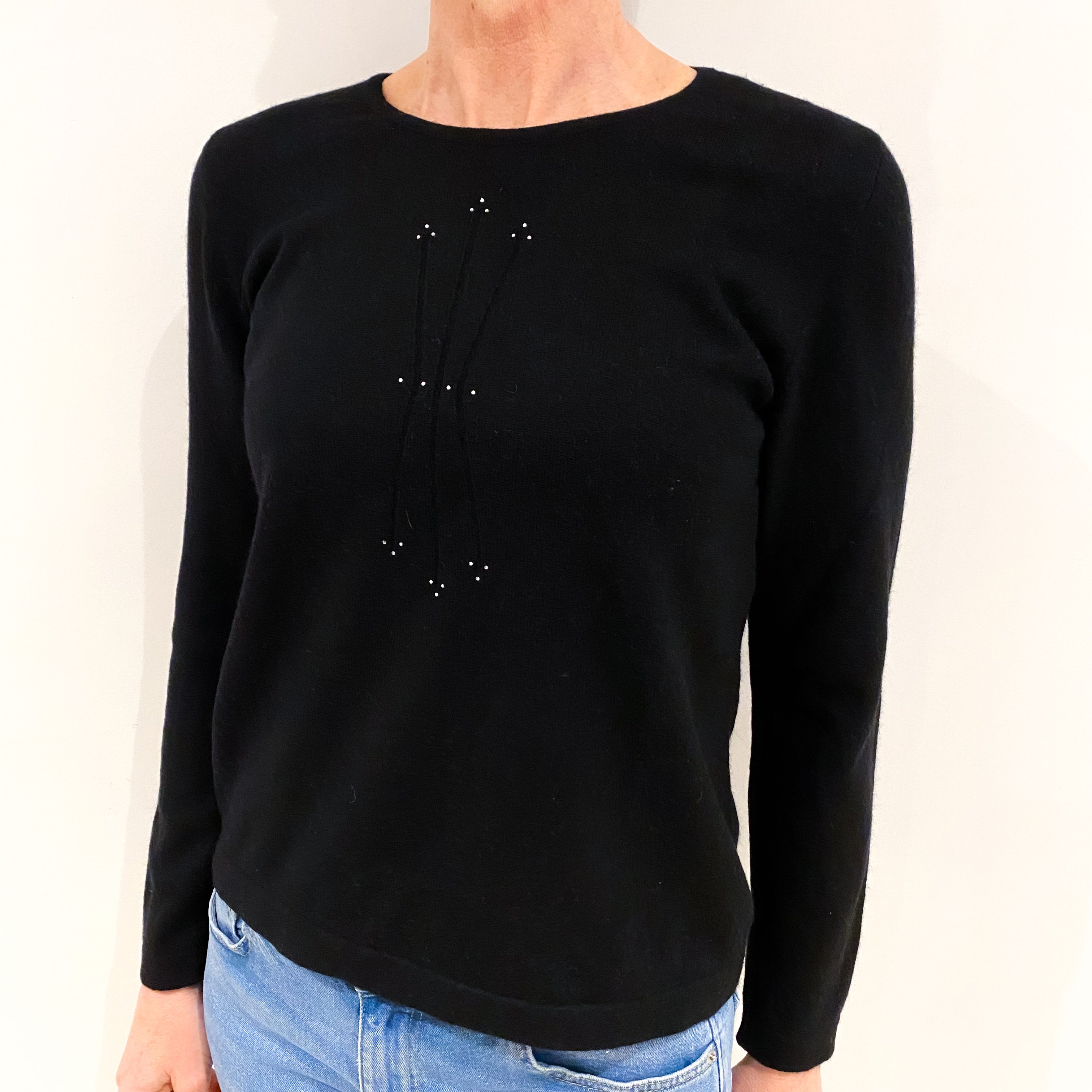 Black With Diamanté Design Cashmere Crew Neck Jumper Small