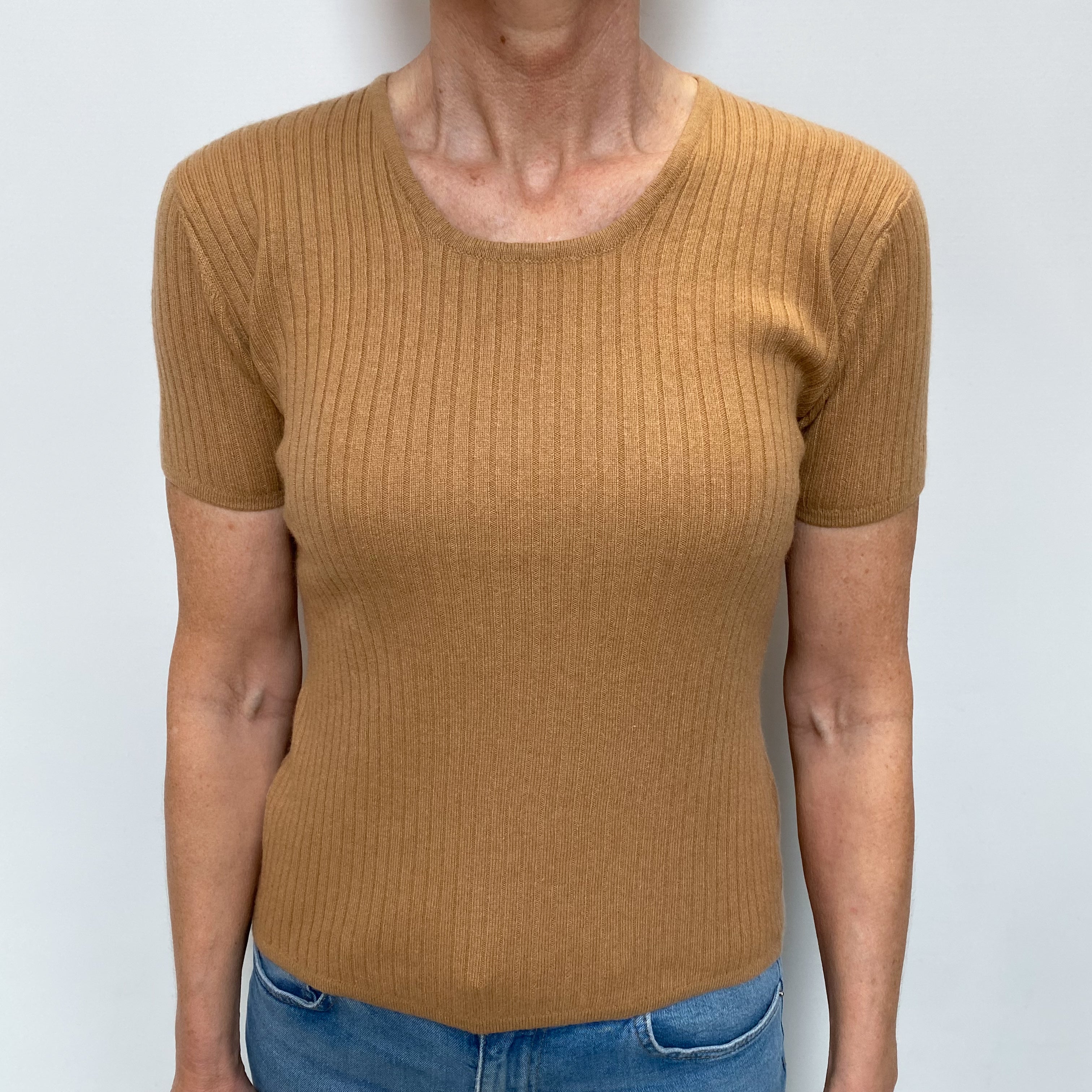 Caramel Rib Cashmere Short Sleeve Scoop Neck Jumper Small