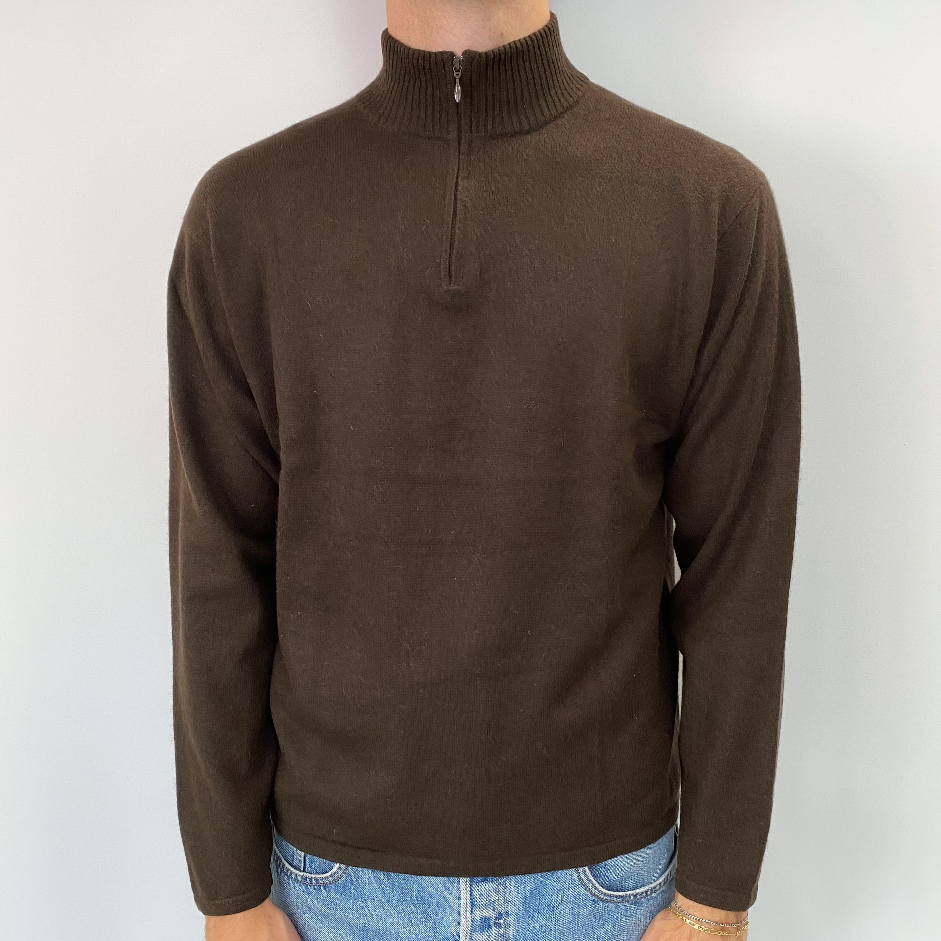 Men's Dark Chocolate Brown Cashmere Quarter Zip Jumper Large