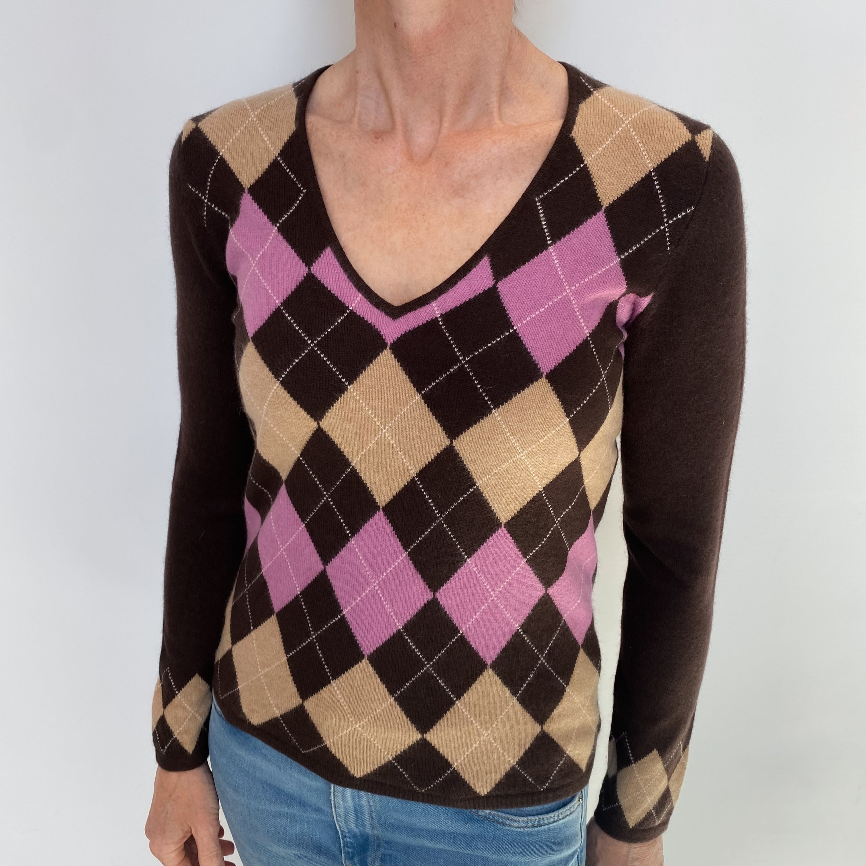 Brown Pink Diamond Cashmere V Neck Jumper Small