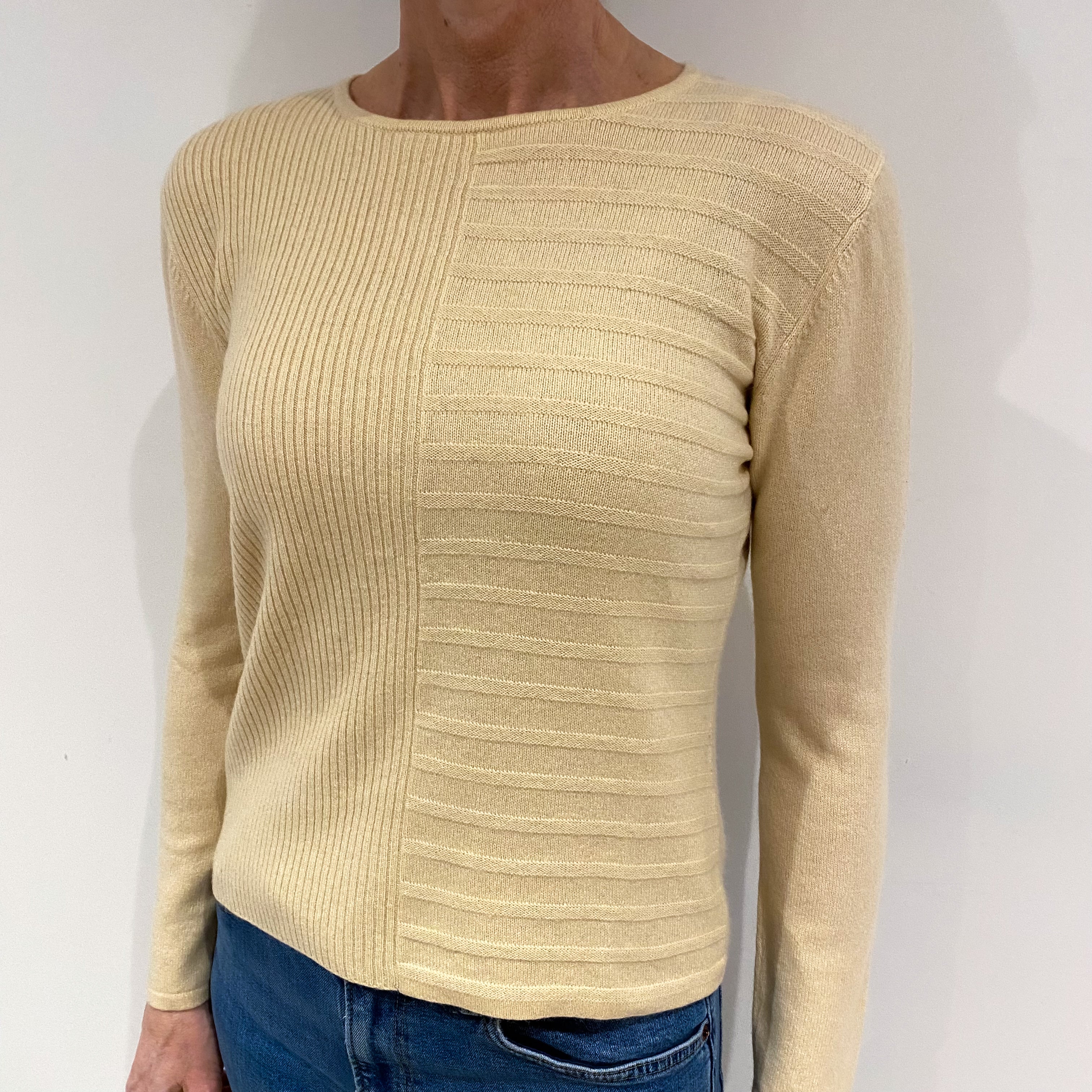 Warm Beige Rib Pattern Cashmere Crew Neck Jumper Small