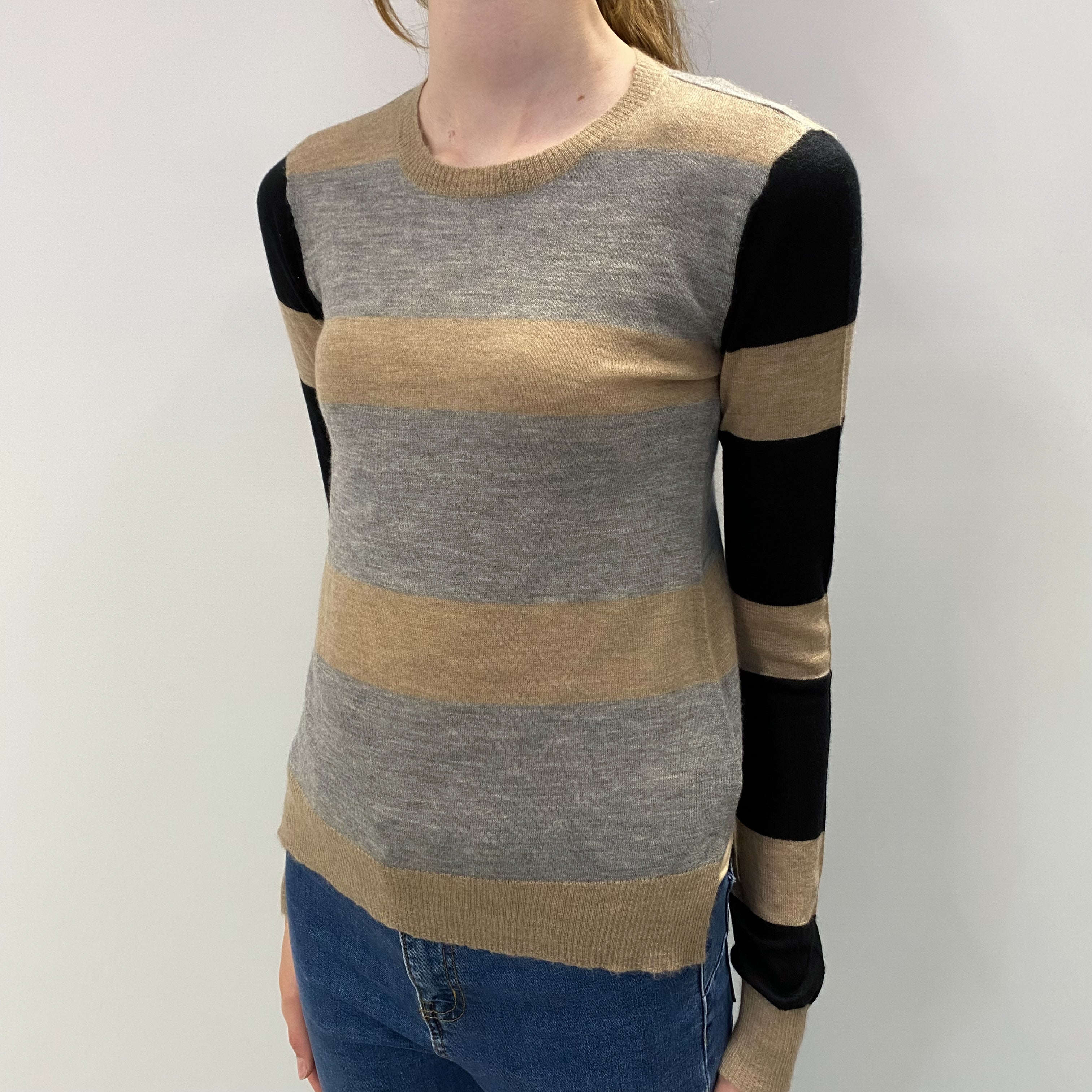 Caramel Brown Striped Cashmere Crew Neck Jumper Extra Small