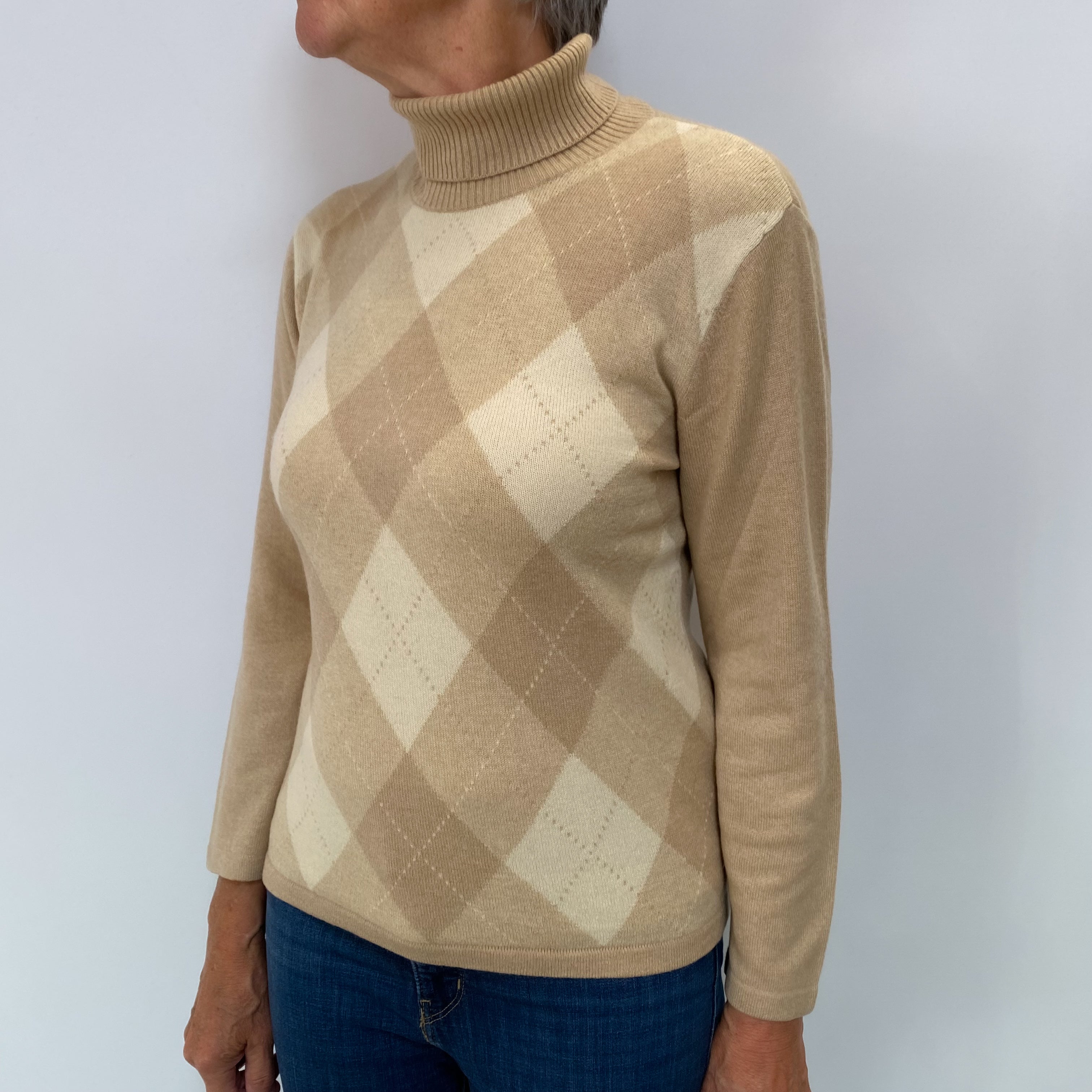 Sand Beige Cashmere Polo Neck Jumper Medium