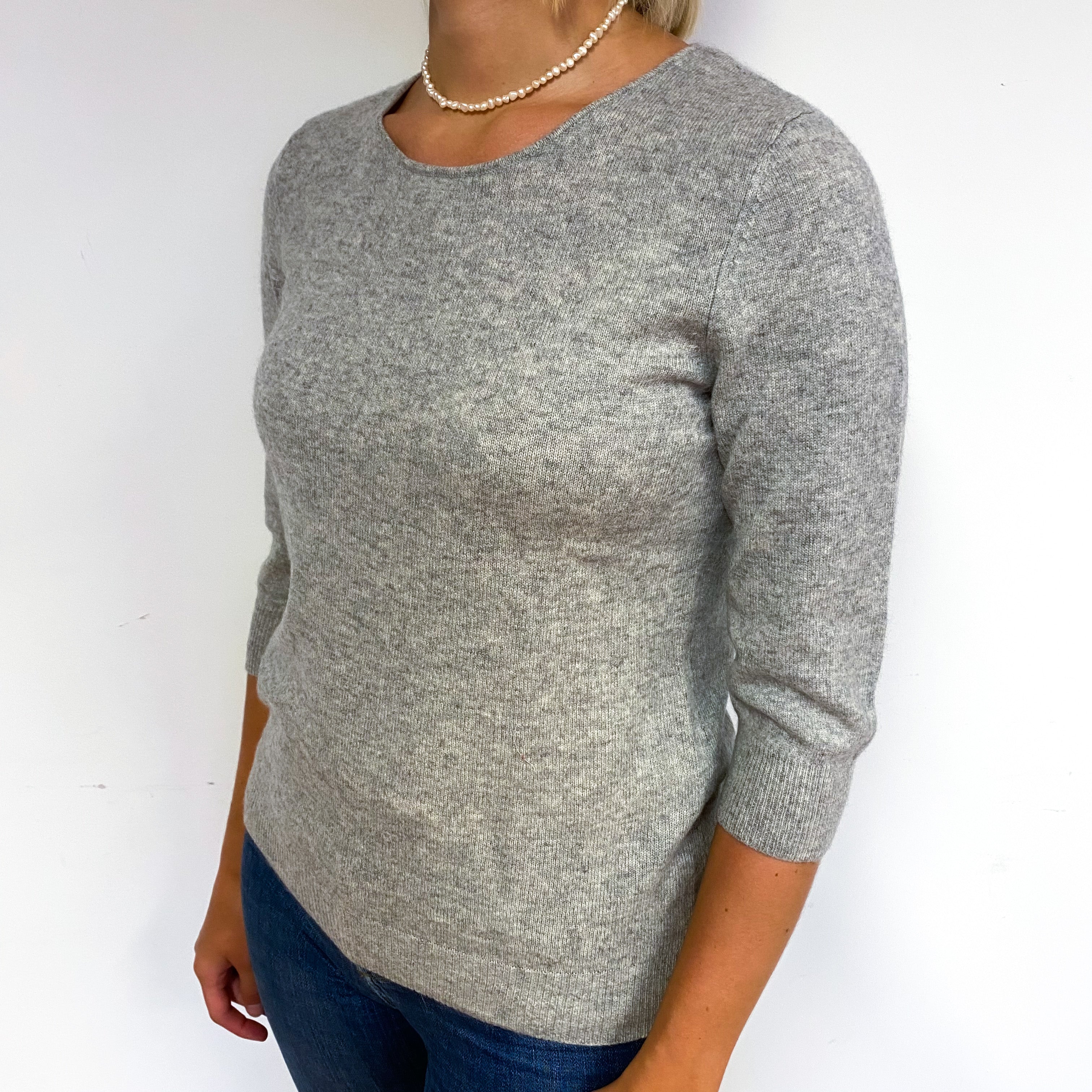 Smoke Grey 3/4 Sleeve Cashmere Crew Neck Jumper Small