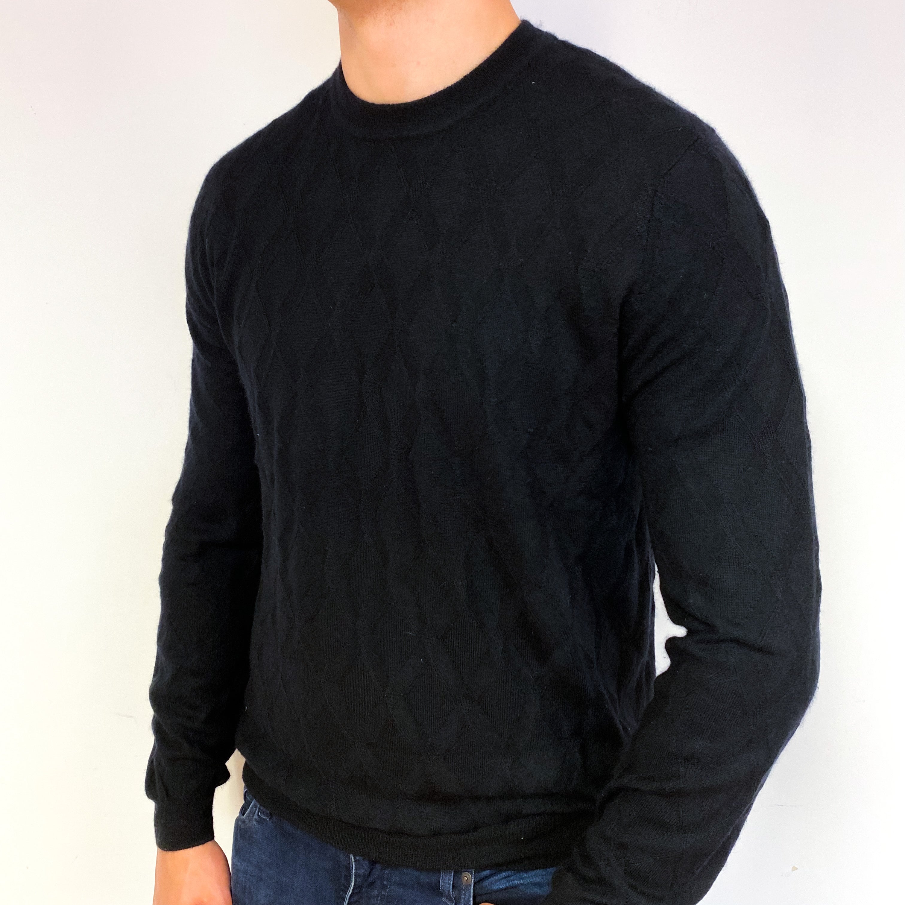 Men's Black Diamond Knit Cashmere Crew Neck Jumper Extra Large