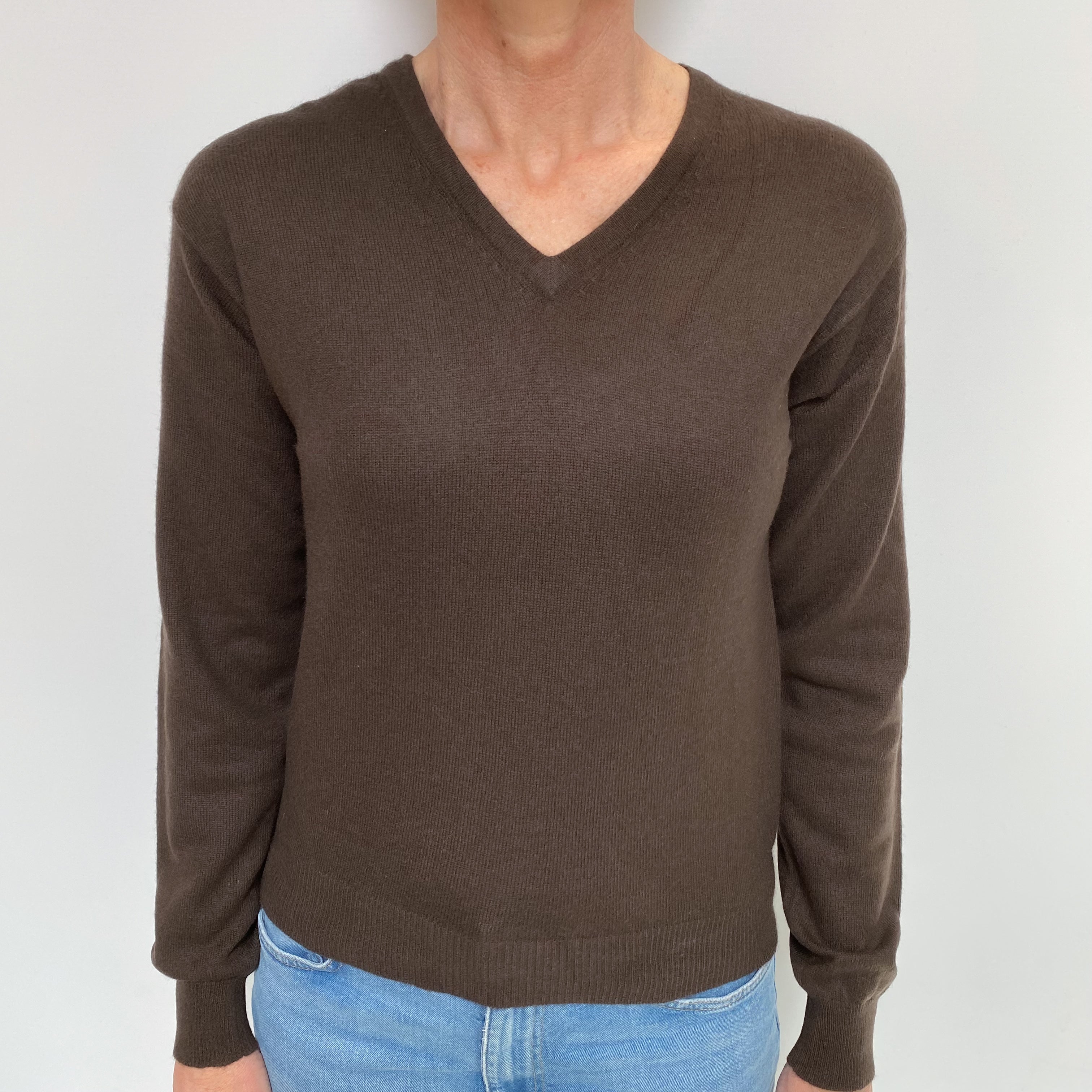 Dark Chocolate Brown Cashmere V Neck Jumper Small