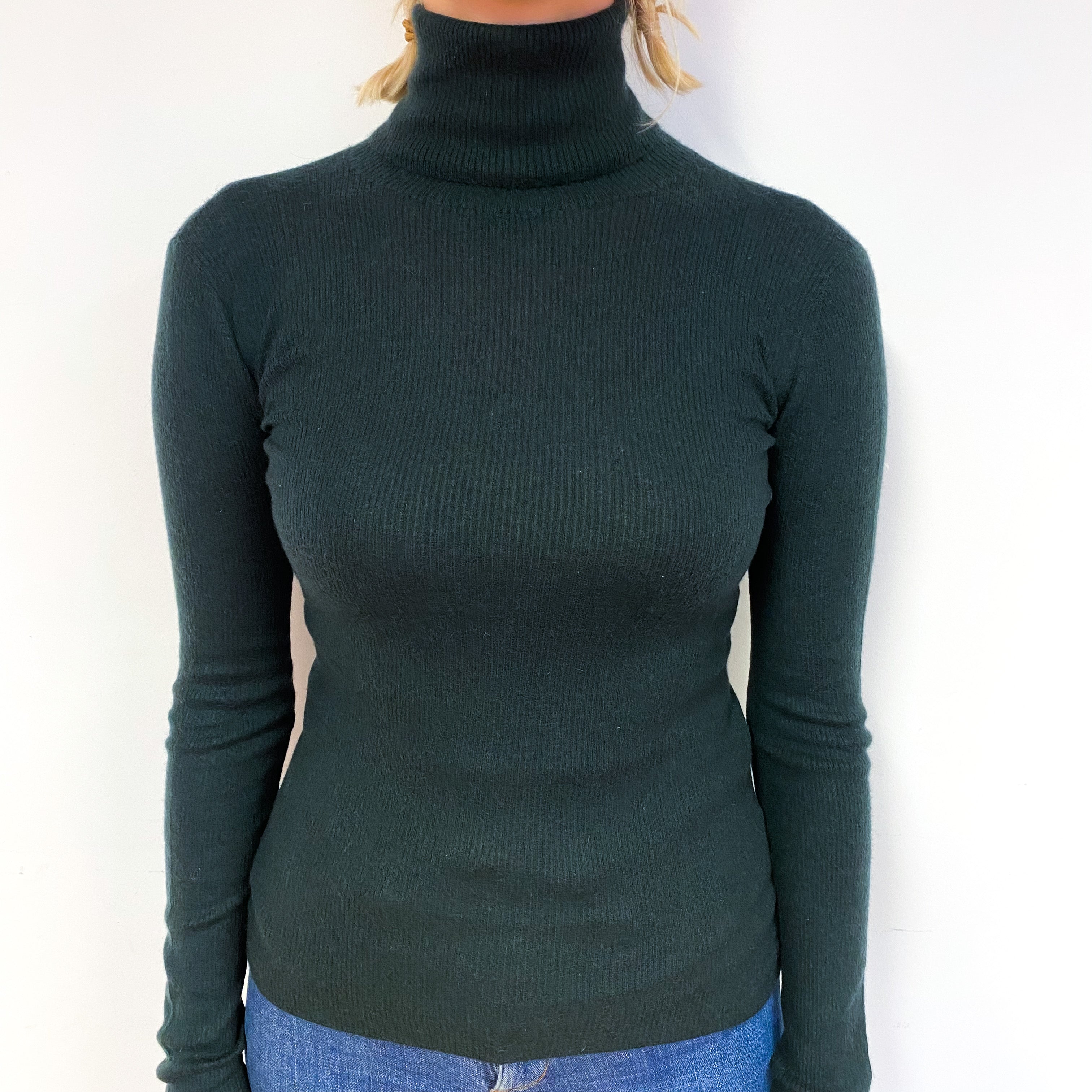 Joseph Fine Ribbed Knit Green Cashmere Polo Neck Jumper Small