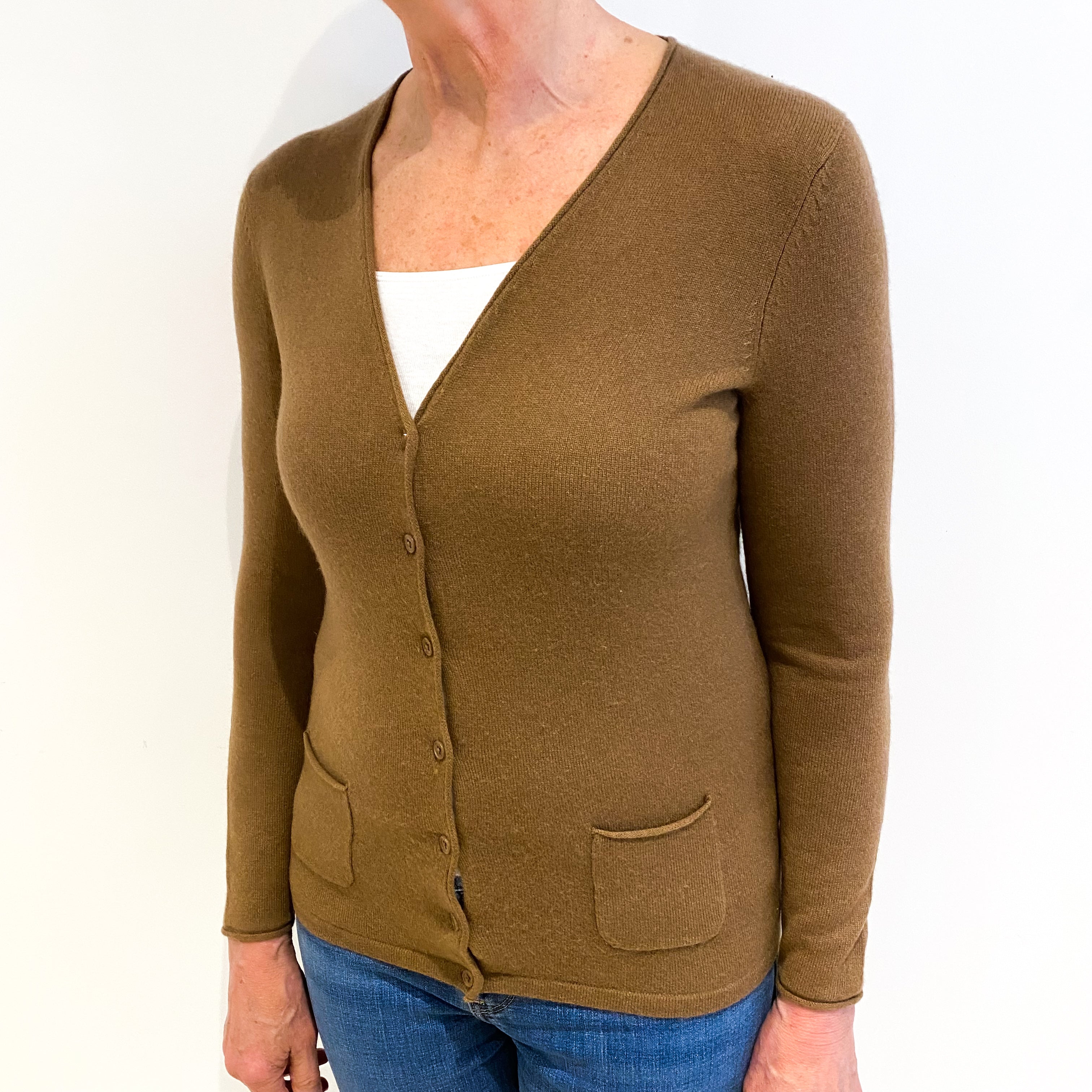 Walnut Brown Cashmere V Neck Cardigan With Pockets Medium