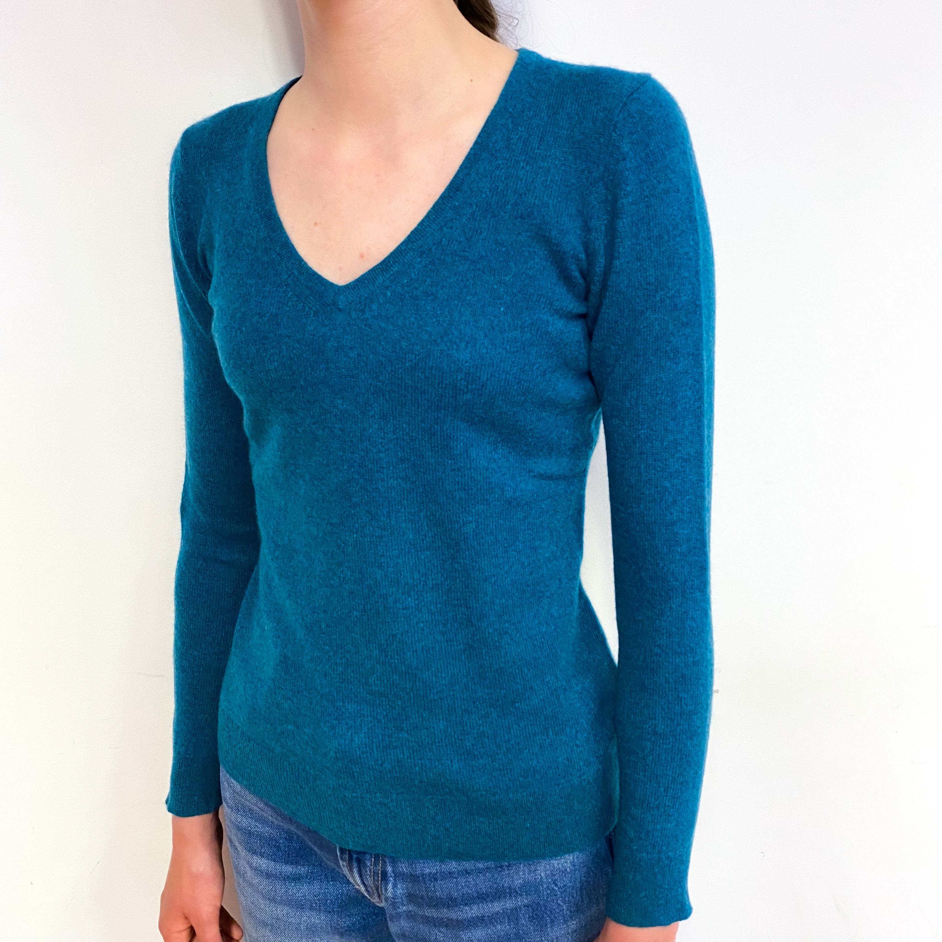 Peacock Blue Cashmere V-Neck Jumper Extra Small