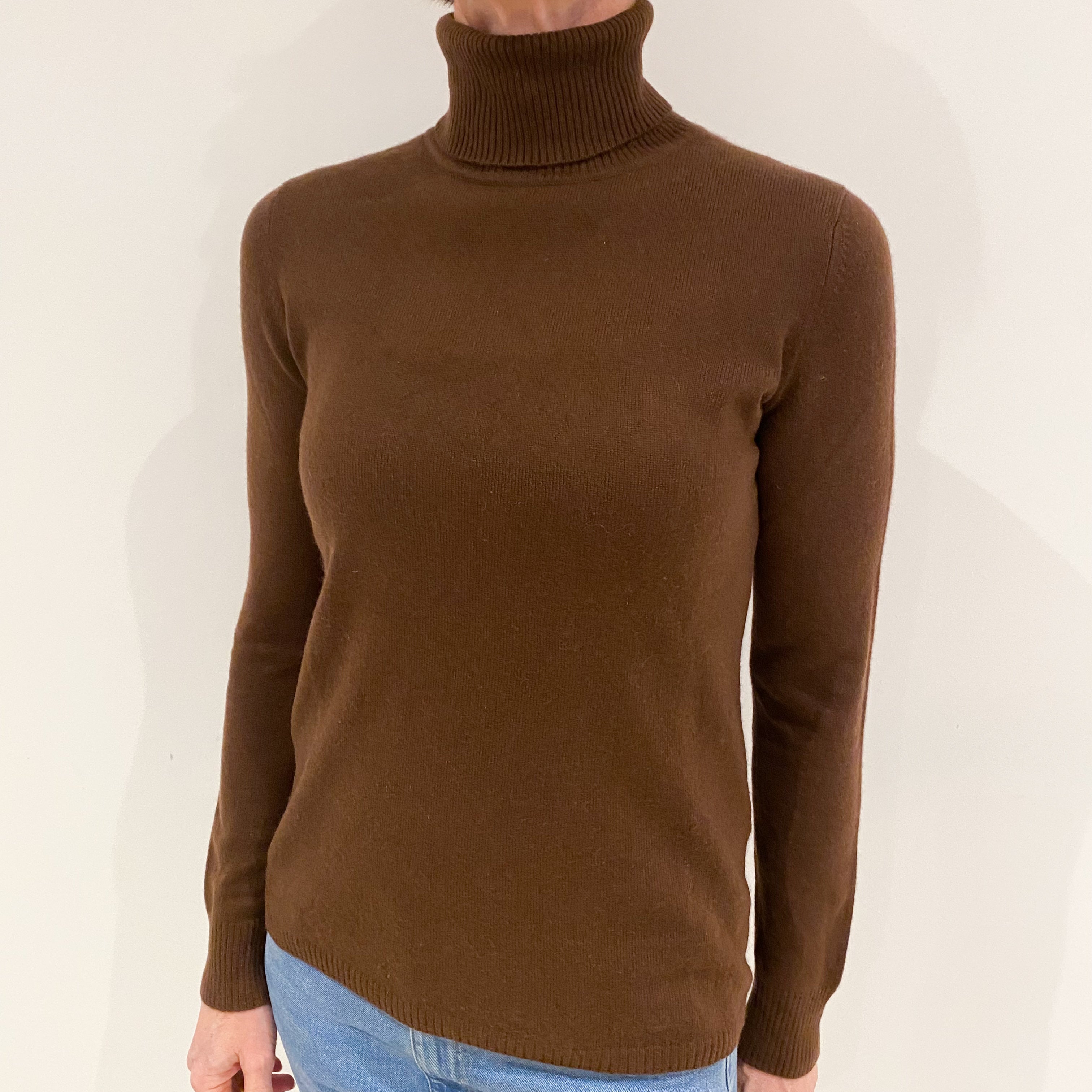 Umber Brown Cashmere Polo Neck Jumper Small