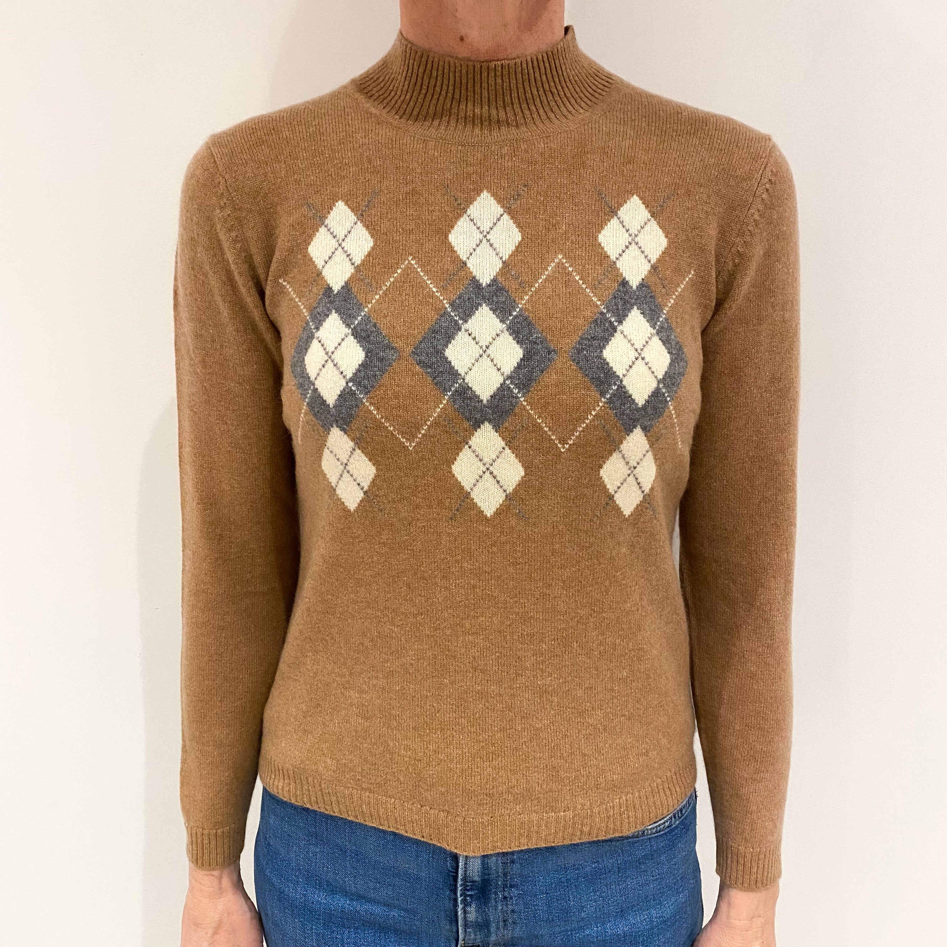 Butterscotch Brown Diamond Patterned Cashmere Turtle Neck Jumper Small